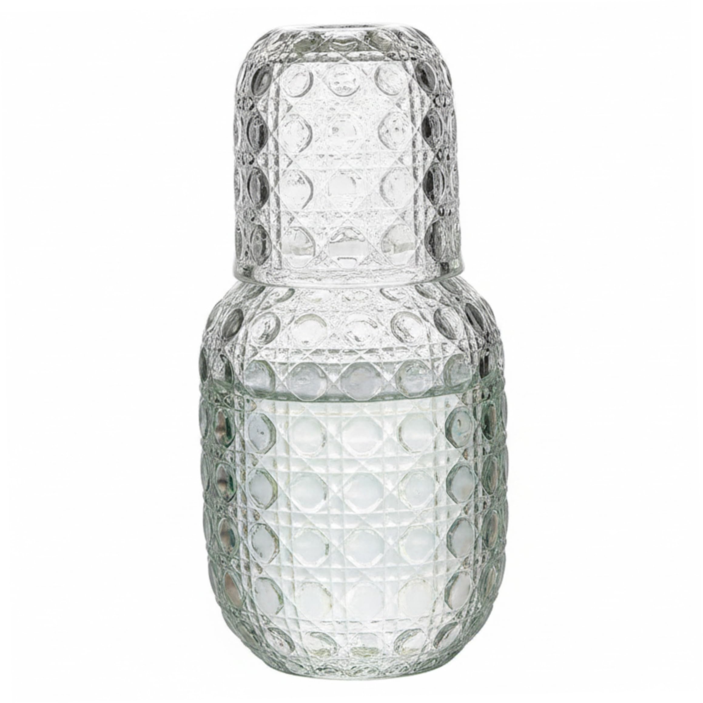 Jarra de agua de vidrio transparente con vaso integrado para mesita de noche y baño