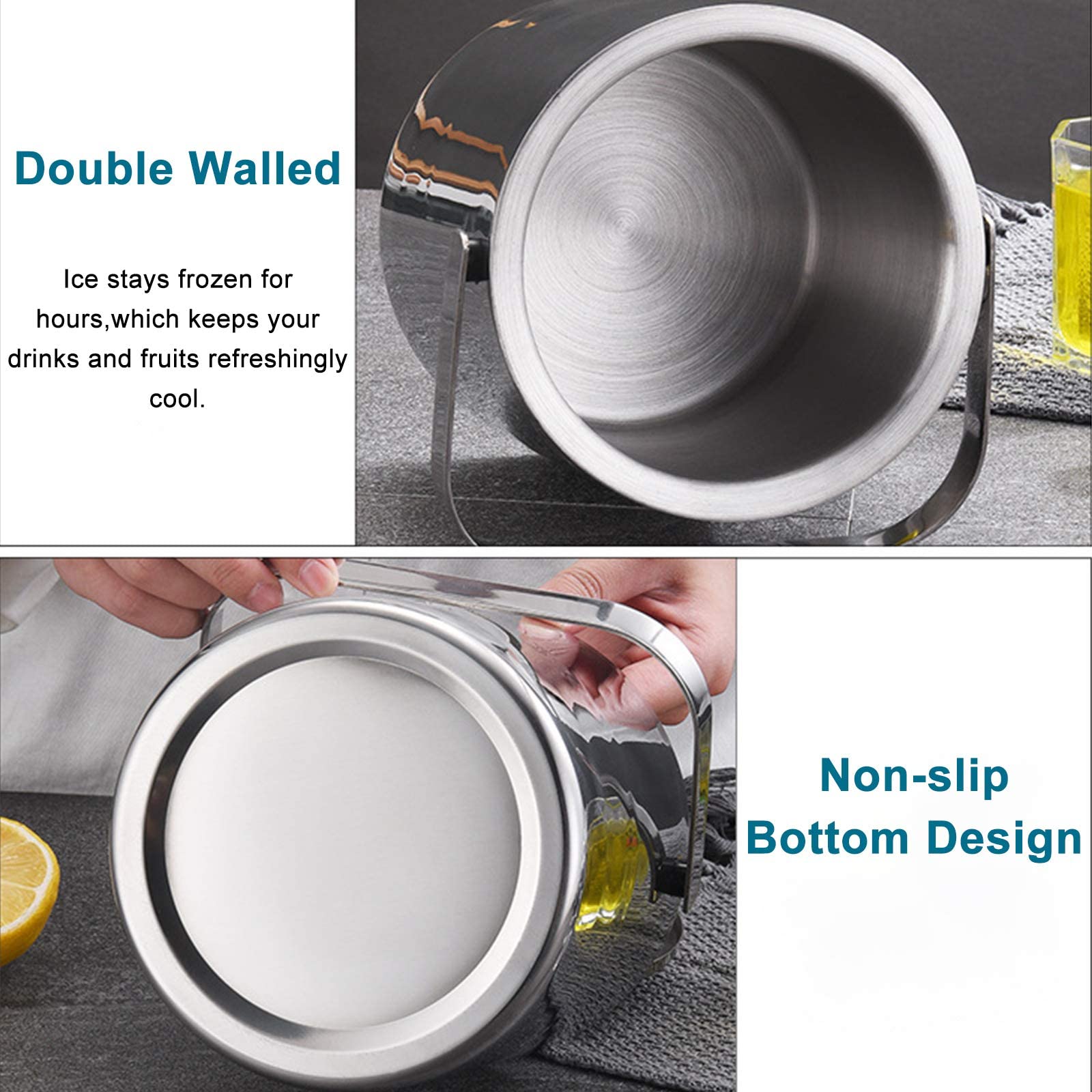 Cubo de hielo con tapa, alicates de hielo y molde de silicona para cubitos de hielo de 1.3 L, pequeño cubo de hielo de acero inoxidable, recipiente de hielo, para bar en casa, champán, vino