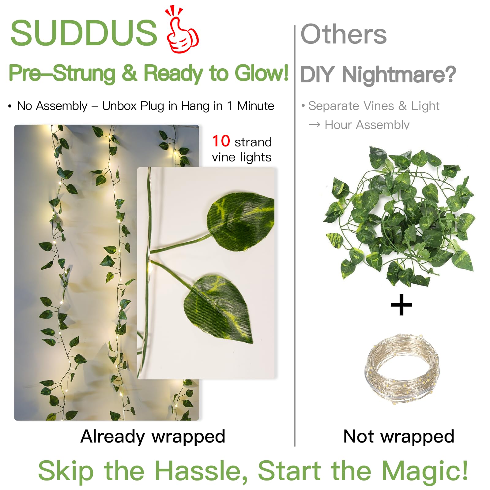 suddus 200 LED-Reben mit Lichtern, 2 x 2 m, Pothos-Vorhang-Lichterkette mit Fernbedienung, hängende Lichterkette mit Ranken für Schlafzimmer, Wand, Schlafsaal, Hochzeit, Party, Innendekoration