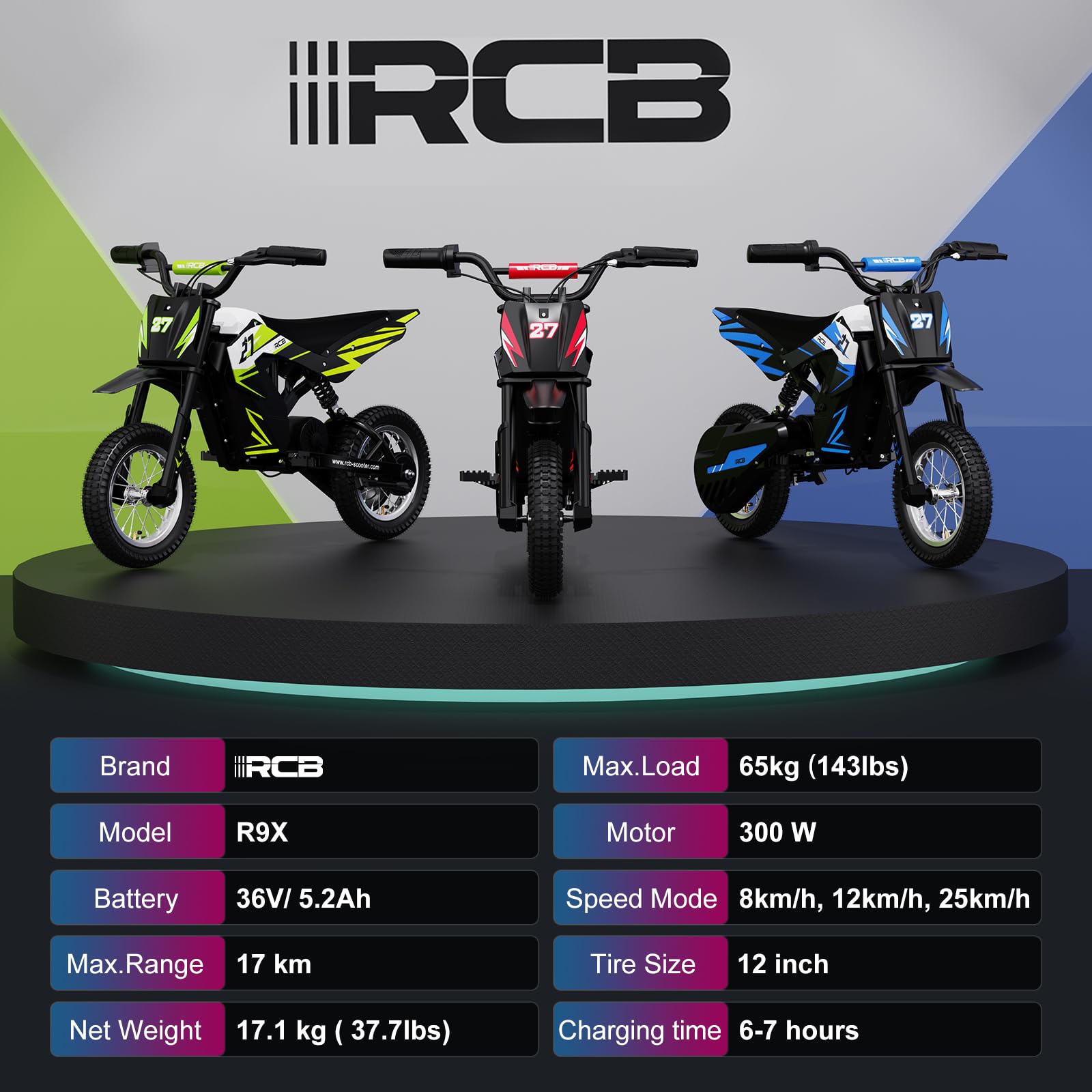 RCB R9X Elektro Motorrad Kinder, 12 Zoll Luftreifen, Elektromotorrad mit Leistungsstarker Motor,5,2Ah Akku,3 Geschwindigkeitsmodus 8/12/25KMH, Reichweite 17KM, Moto Crossbike für Kinder (Schwarz &Grün