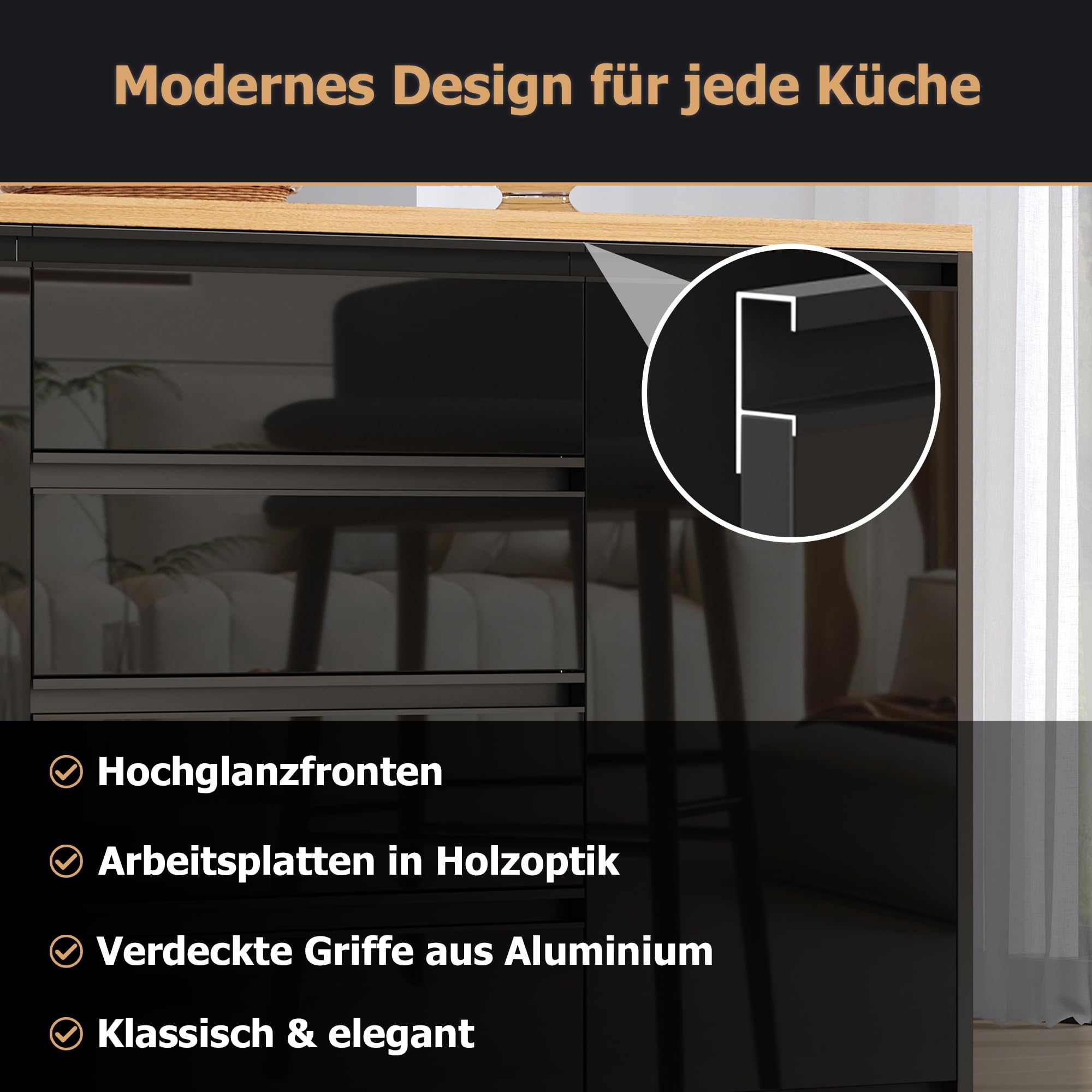 Kücheninsel Freistehend mit Klapptischplatte, 140x80x90 cm Moderne Kücheninsel mit 4 Schubladen, 2 Schränken und Ablage hinter den Türen, Hochglanzfronten,Schwarz,A,Klappbar