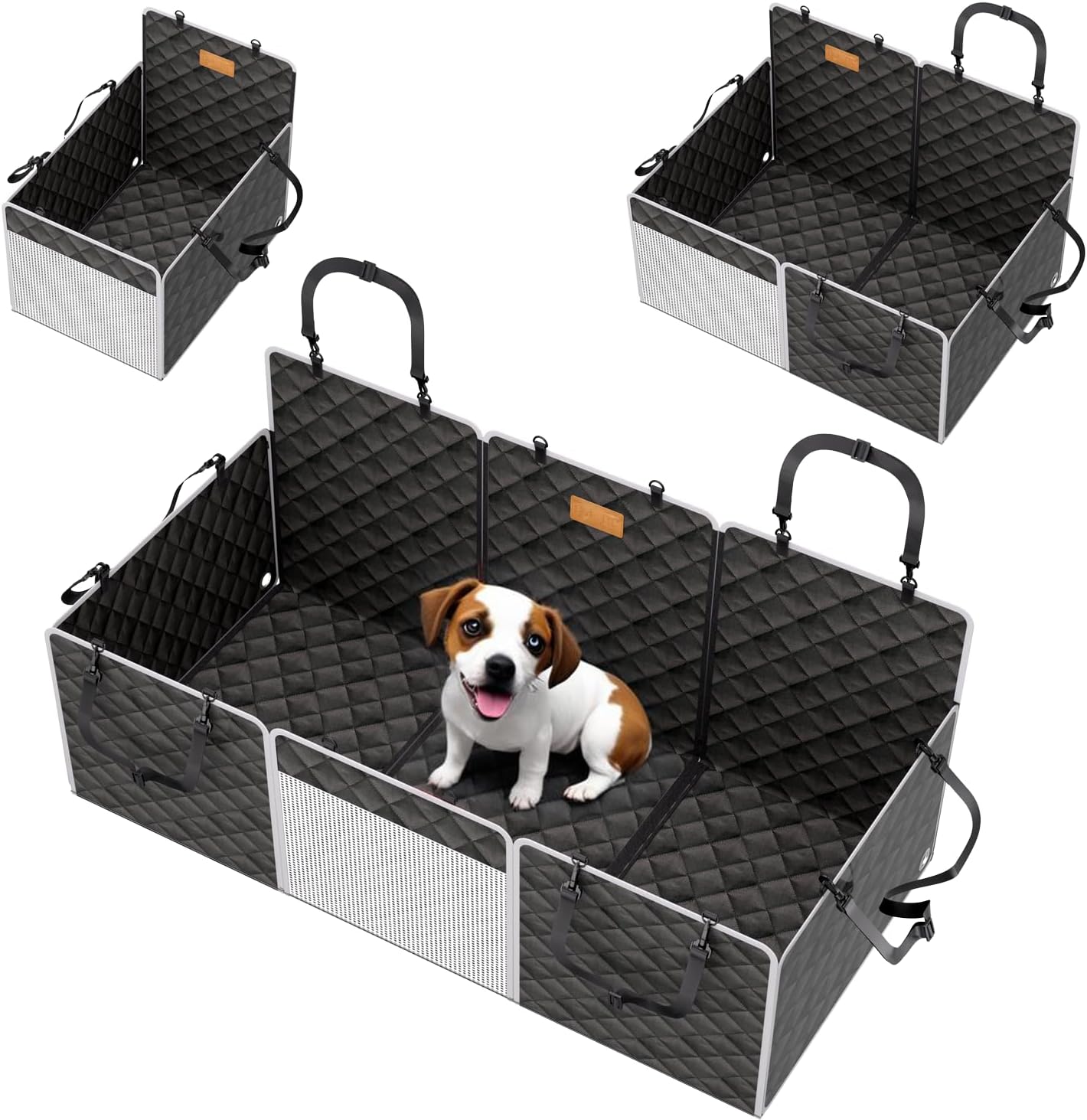 Dog Car Seat Cover for Back Seat, 1seat to 3seats can be Switched at Will. Back Seat Extender with Hard Bottom. 600D Heavy Duty Scratch,Nonslip,Waterproof Dog Hammock for Cars,Trucks and SUVs. Black with silver