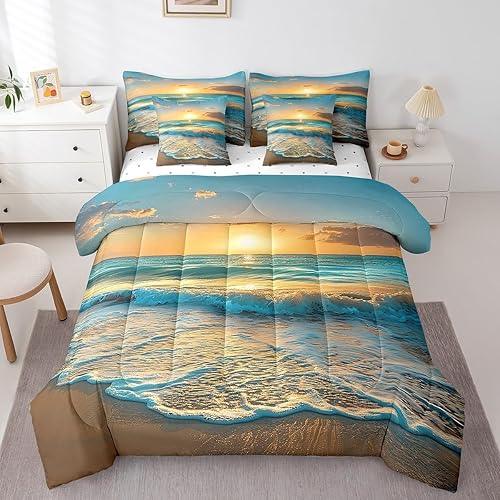Feelyou Beach Comforter Set Full Size 7 Pieces Sea Printed Bedding Set for All S