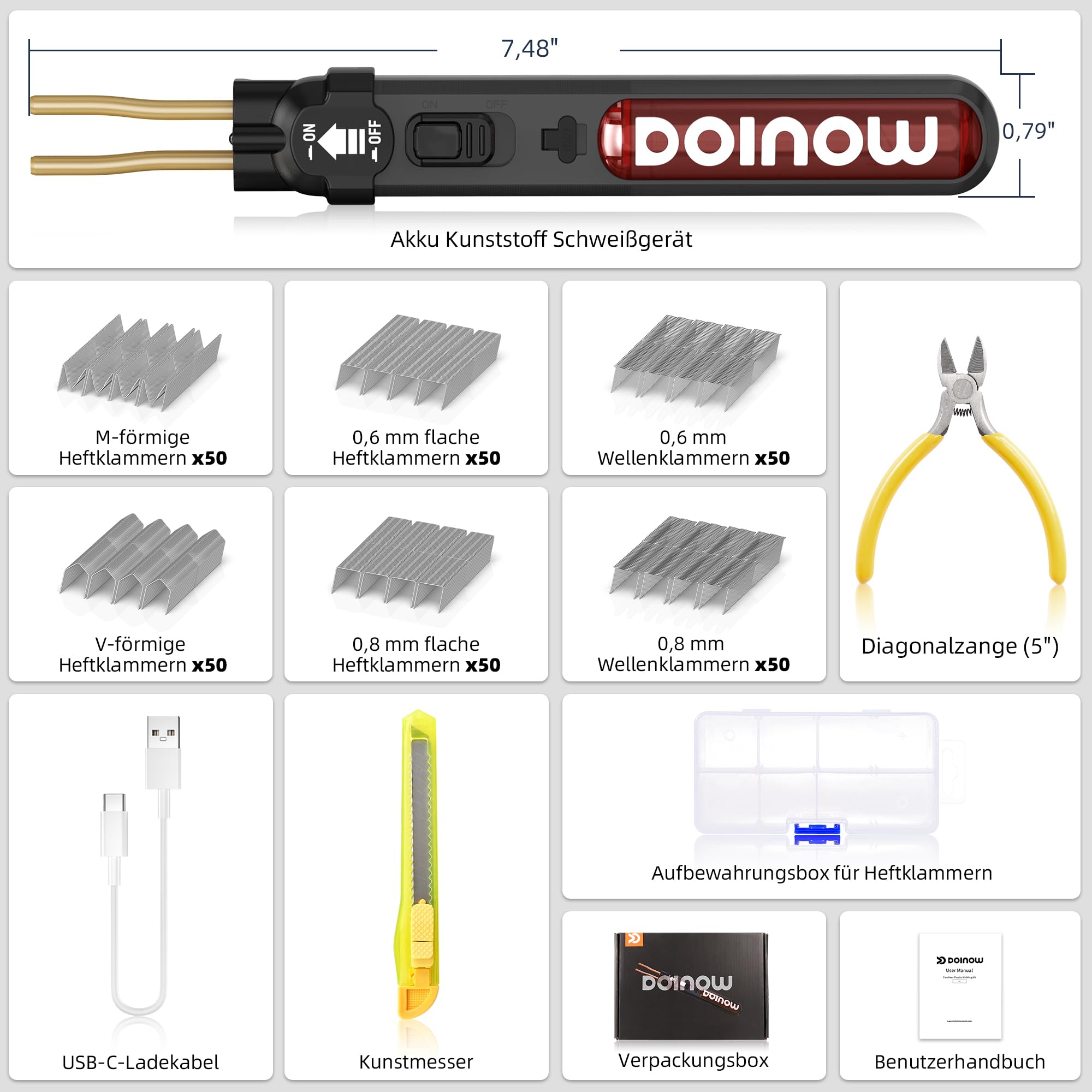 Saldatore per Plastica senza fili, kit di riparazione paraurti Auto con 300pcs 6 Tipo Graffette, interruttore on/off, ricarica USB-C, mini Saldatrice Plastica per riparazione paraurti auto