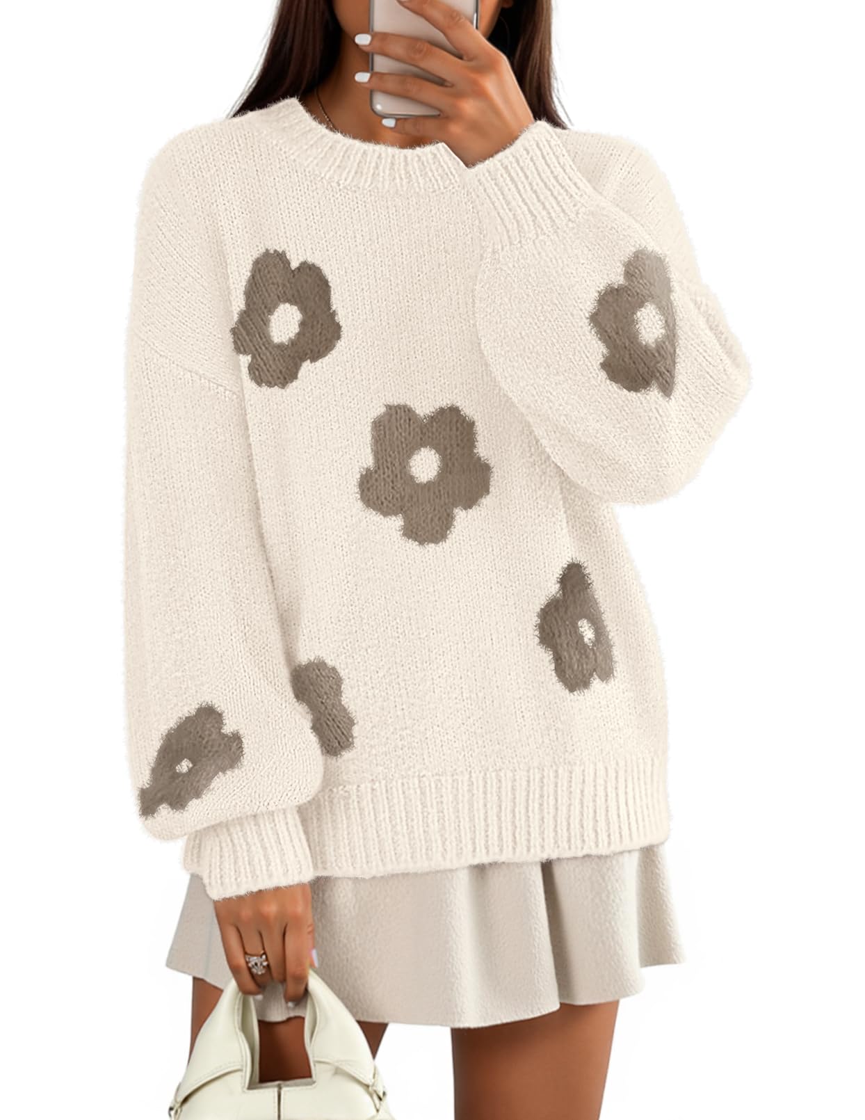 MEROKEETY Womens 2025 Fall Floral Sweater Cute Long Lantern Sleeve Crewneck Knit Pullover Tops