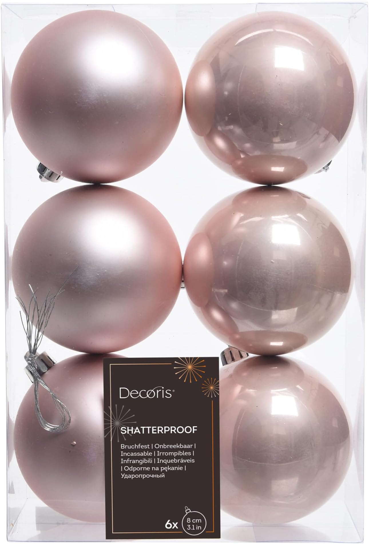 Shatterproof Blush Pink Bauble 80mm Pack of 6 - Christmas