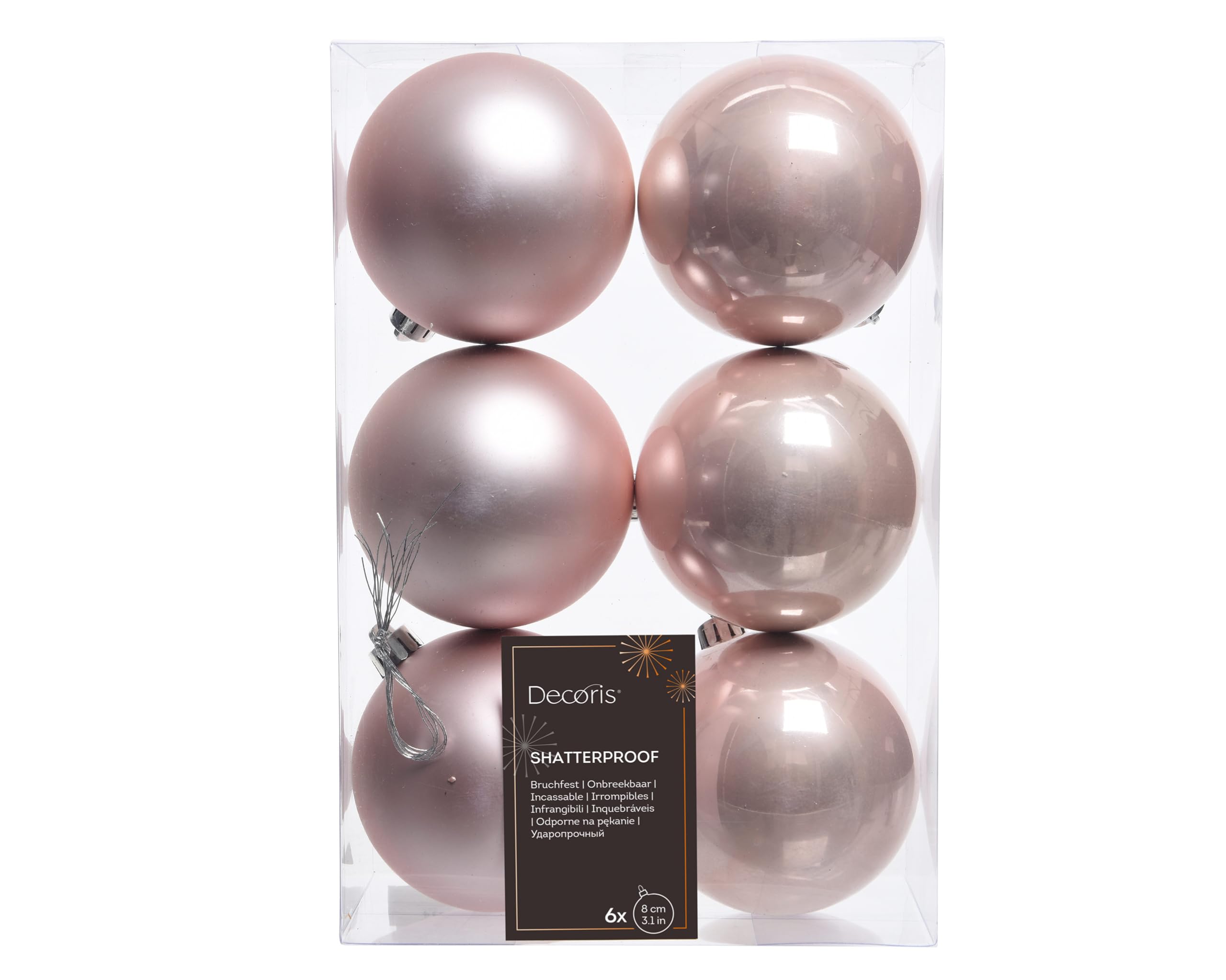 Shatterproof Blush Pink Bauble 80mm Pack of 6 - Christmas