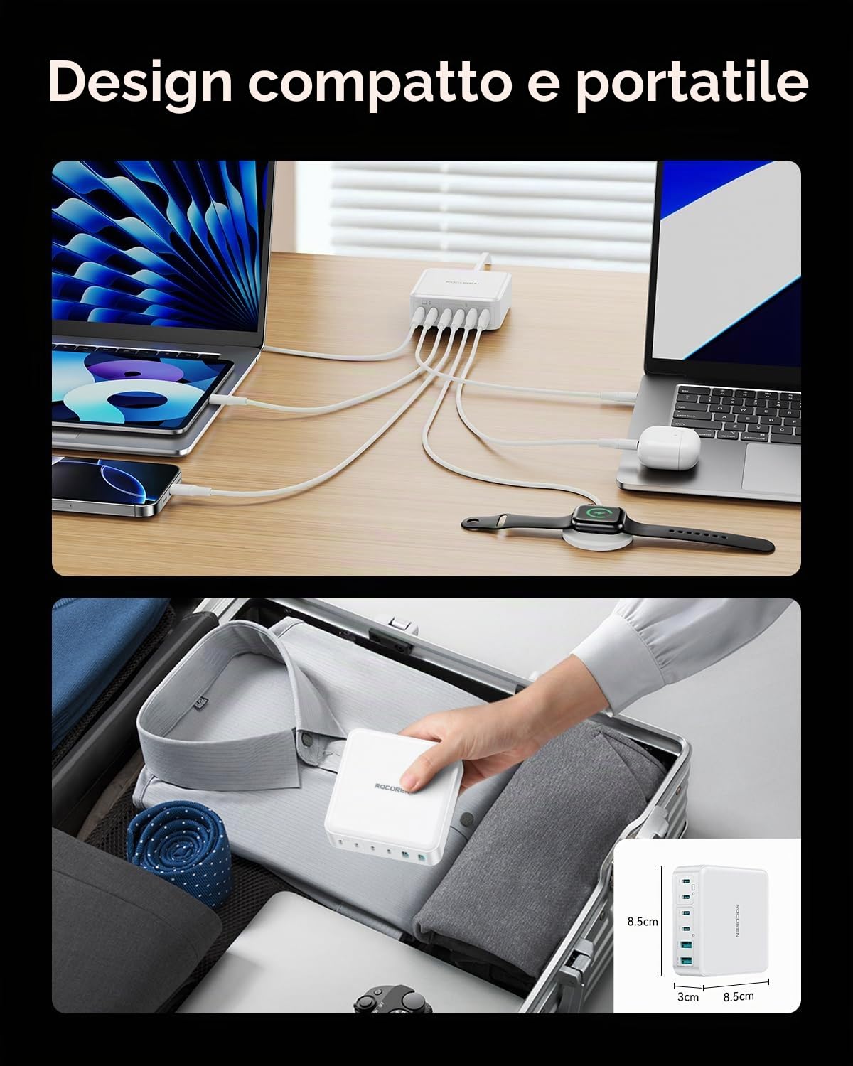 Rocoren 270W Caricatore USB C Multiplo, GaN 6 Porte PD 100W QC4.0 PPS 2-Laptop Stazione di Ricarica Alimentatore USB Compatibile con MacBook Pro Air Len0vo HP iPh0ne 16 15 Galaxy Steam Deck e altro