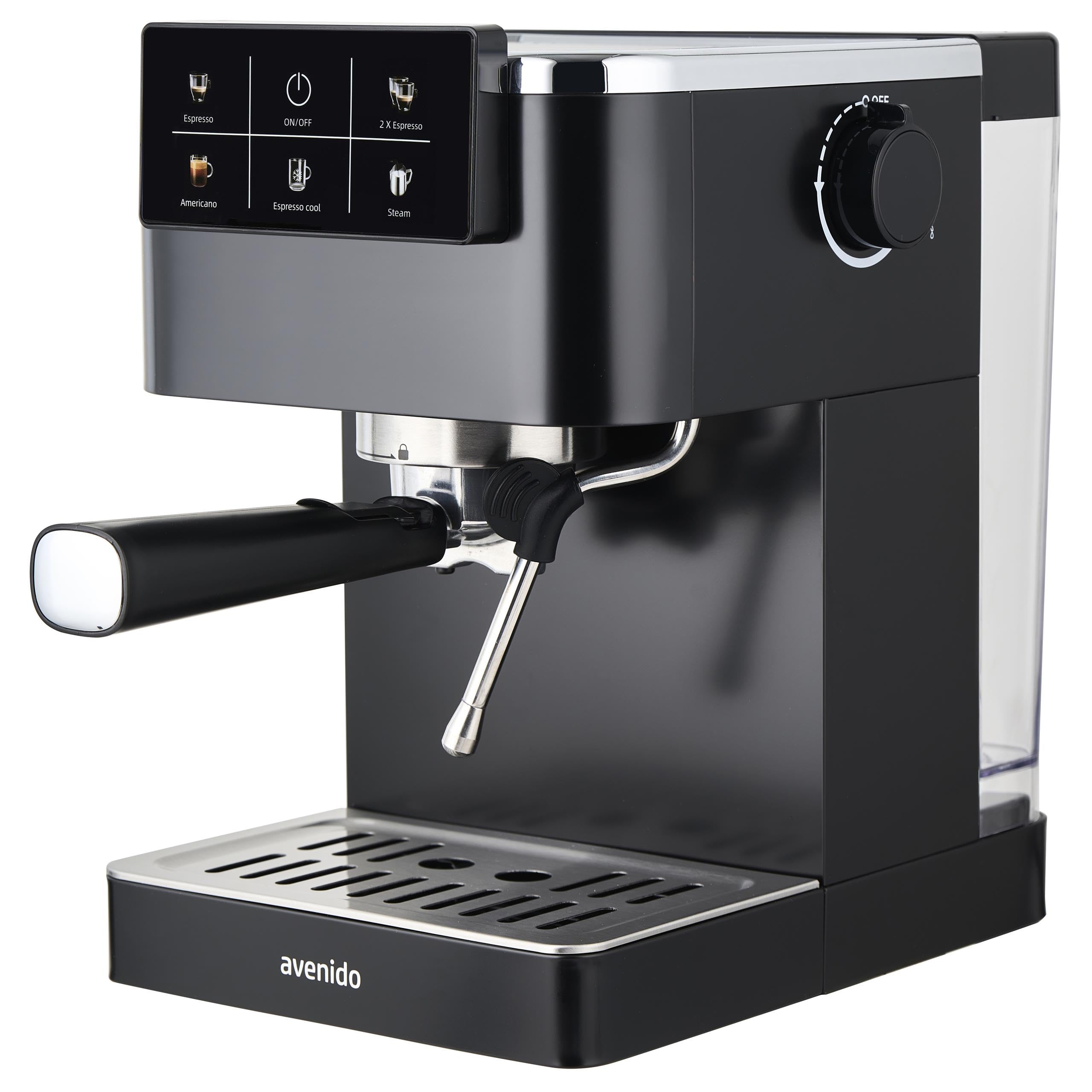 Ekspres do kawy ciśnieniowy, 20 bar, kolbowy do kawy mielonej, system spieniania mleka, 5 programów, espresso, podwójne, amerciano, espresso cool, spienianie mleka, 2 sitka, czarny