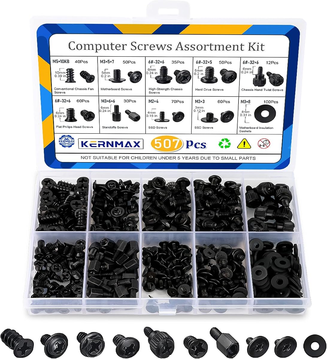 Kit surtido de tornillos profesionales para computadora de 507 piezas, incluye tornillos para placa base, separadores, carcasa para PC, SSD, disco duro, ventilador, tornillos para CD-ROM, de larga duración para construcción y reparación de PC con bricolaje