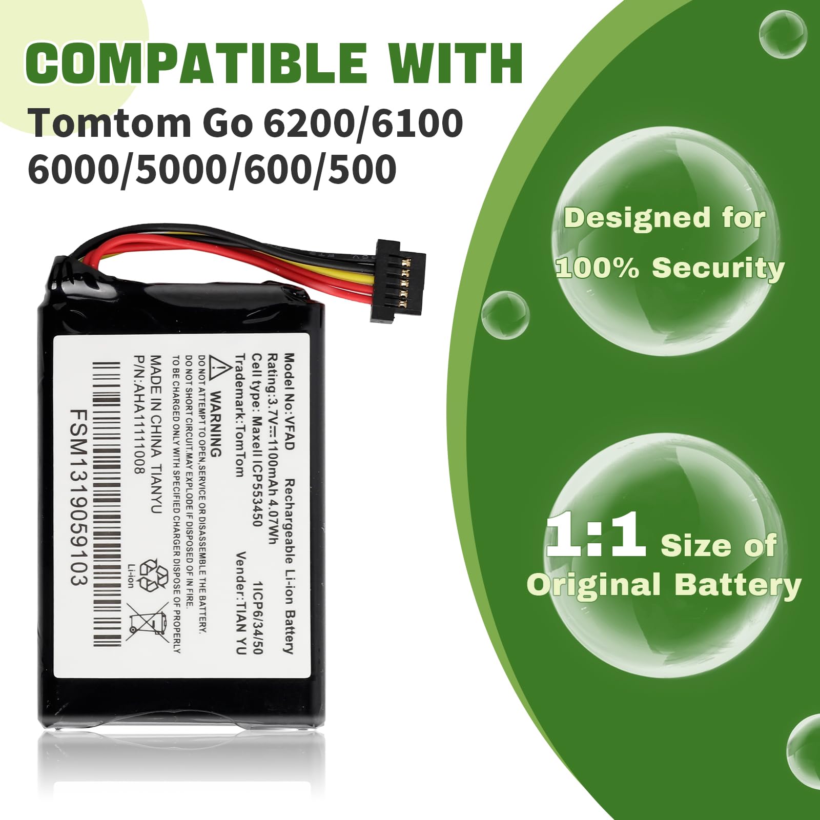AHA1111008 VFAD Batterie de rechange compatible avec Tomtom Go 6200, Go 6100, Go 6000, Go 5000, Go 600, Go 500 Batterie de rechange avec kit d'outils de réparation mis à jour
