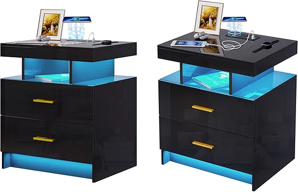 HNEBC Auto LED Nightstands Set of 2,Modern Bedside Table with USB Ports & Wireless Charging Station,High Gloss Bedside Tables with 2 Drawers,Nightstands for Bedrooms/Living Room/Office (Black)