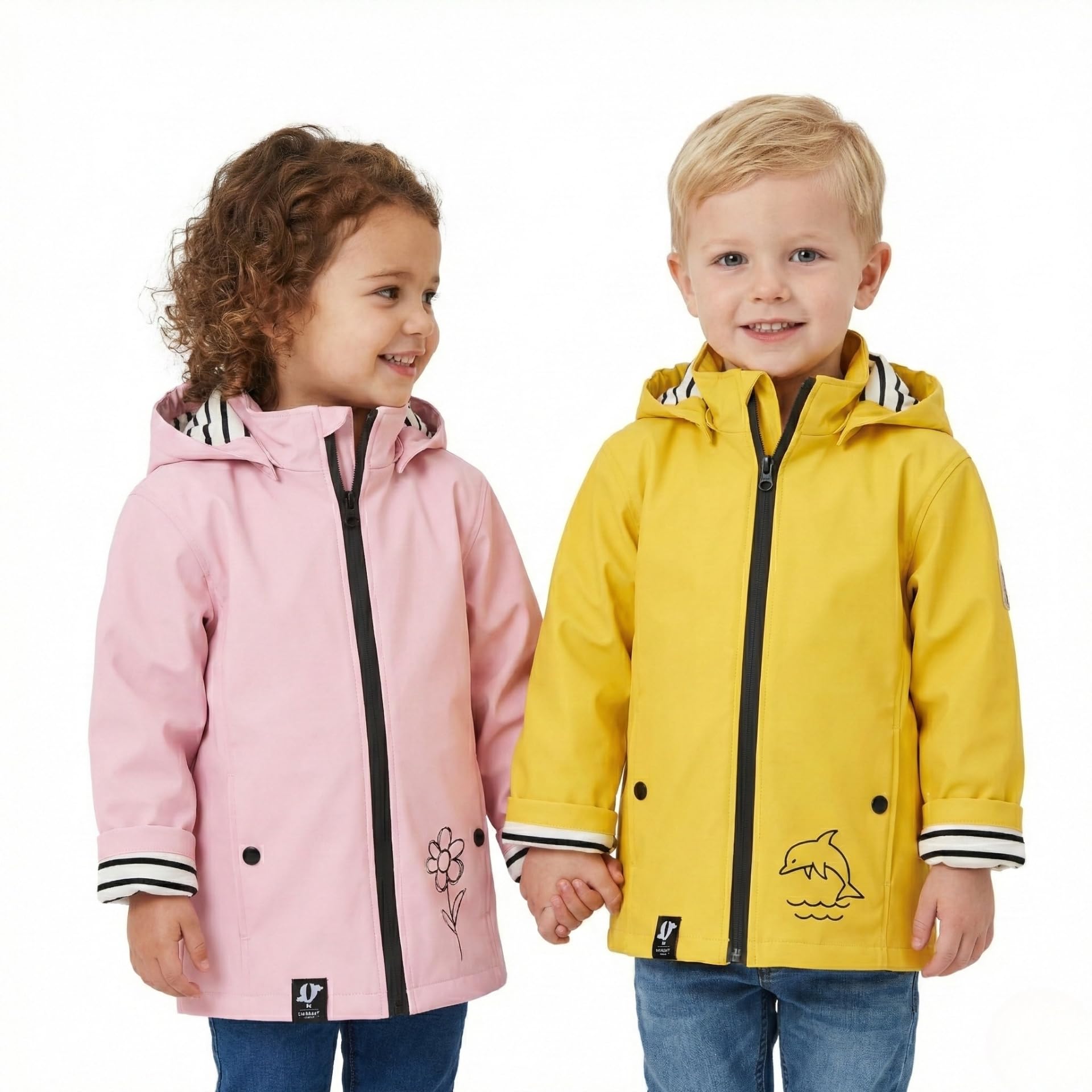 Ciré Imperméable 2 à 5 ans intérieur polaire fleece unisexe fille garçon avec Doublure Rayée sur capuche, Fermeture Éclair waterproof, Matière PU recyclable et minimisée de pollution