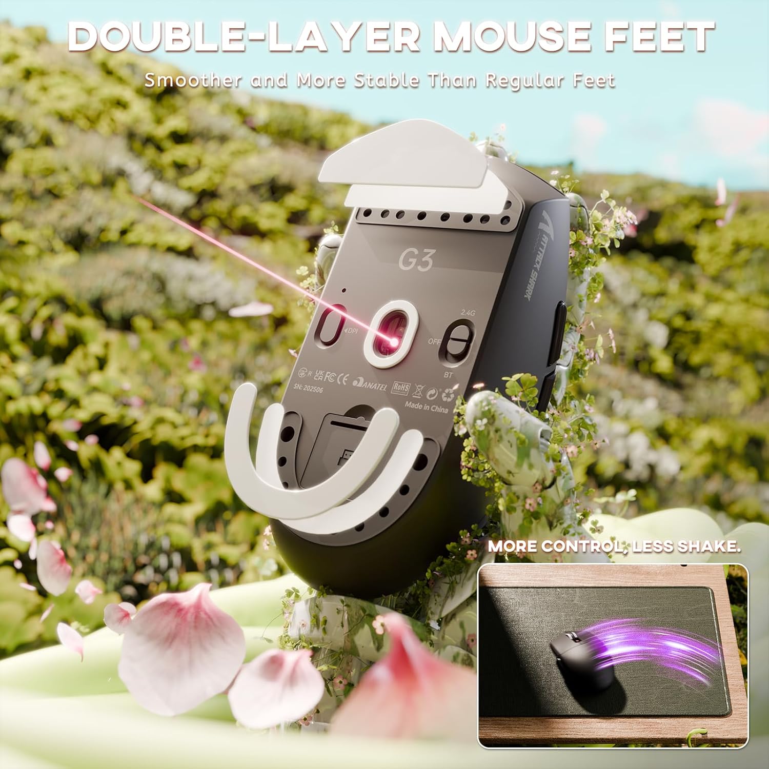 ATTACK SHARK G3 Wireless Gaming Mouse,Tri-Mode 2.4G/BT5.2/USB-C Gaming Mouse,PAW3311 Sensor,25,000 DPI,59g Lightweight,5 Programmable Buttons,500mAh Rechargeable Gaming Mice,PC/Mac(Black)