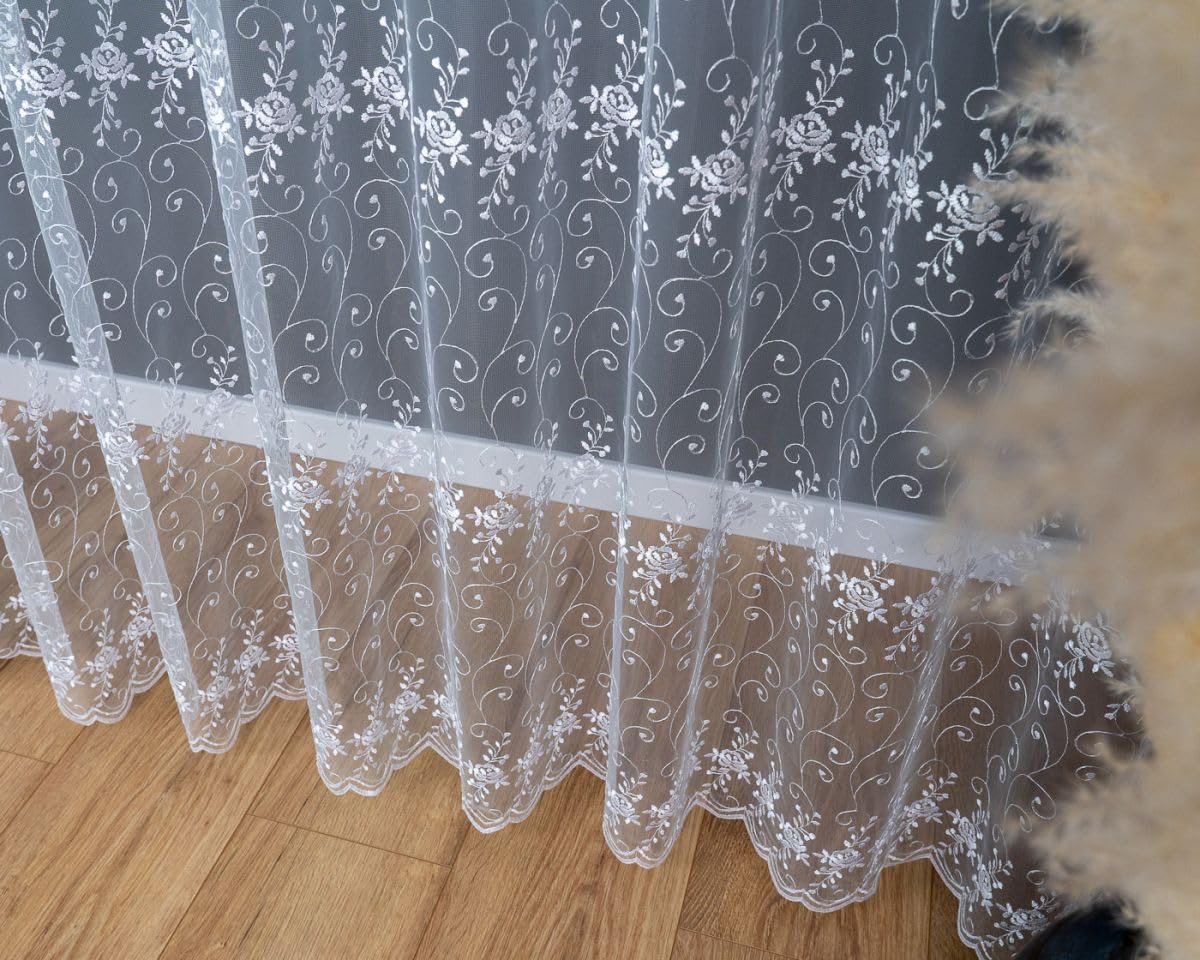 Weiß Jacquard 600x280 cm (BxH) Gardine Lobato für Wohnzimmer, Fertiggardine mit Kräuselband, Hochwertige Markisette mit Weißer Stickerei, Pflegeleicht und Bügelfrei