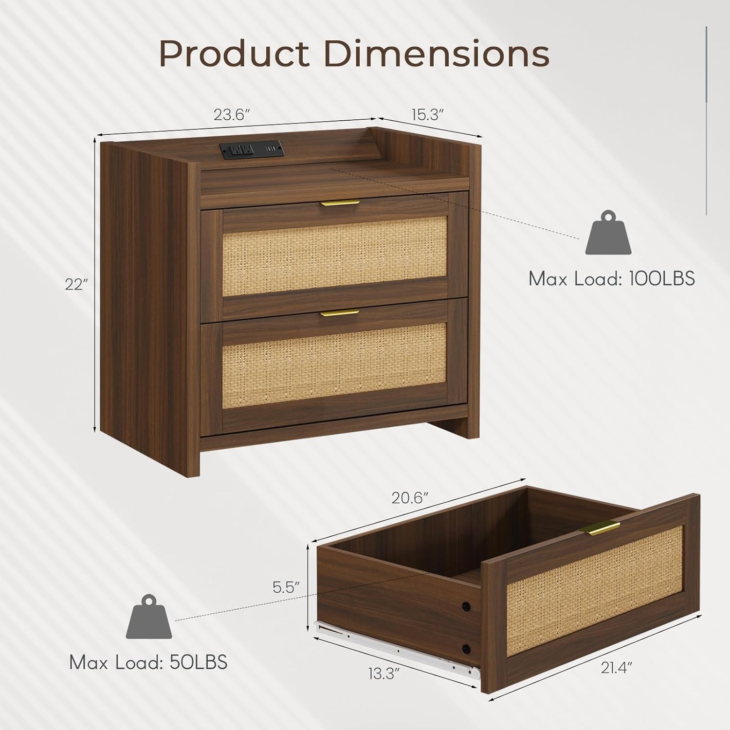 Diagram showing the product dimensions: 23.6 inches width, 15.3 inches depth, 22 inches height. Also shows drawer dimensions and maximum load capacities.