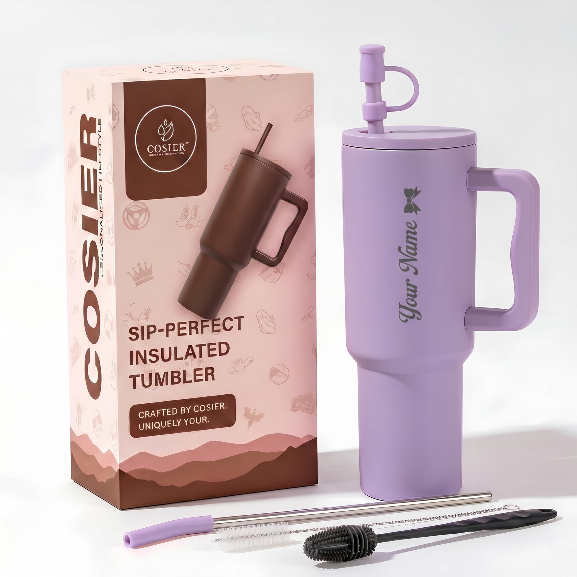 Personalised 1200ml Insulated Stainless Steel Tumbler with Handle and Straw Lid – Large Travel Mug for Coffee & Water, Double Wall Vacuum Cup, Car Cupholder Friendly (Lavender Mist)-image-26