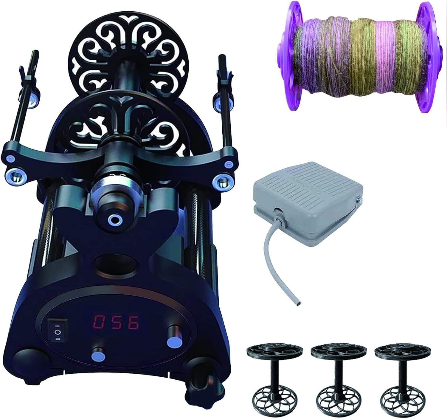 800RPM Elektryczne Koło Do Przędzenia – 12V Mini Przędzarka z Wyświetlaczem Cyfrowym, Regulowana Prędkość, Przód & Tył, Pojemność 120g & 240g, 3 Szpule, Do Wełny, Bawełny & Jedwabiu Black