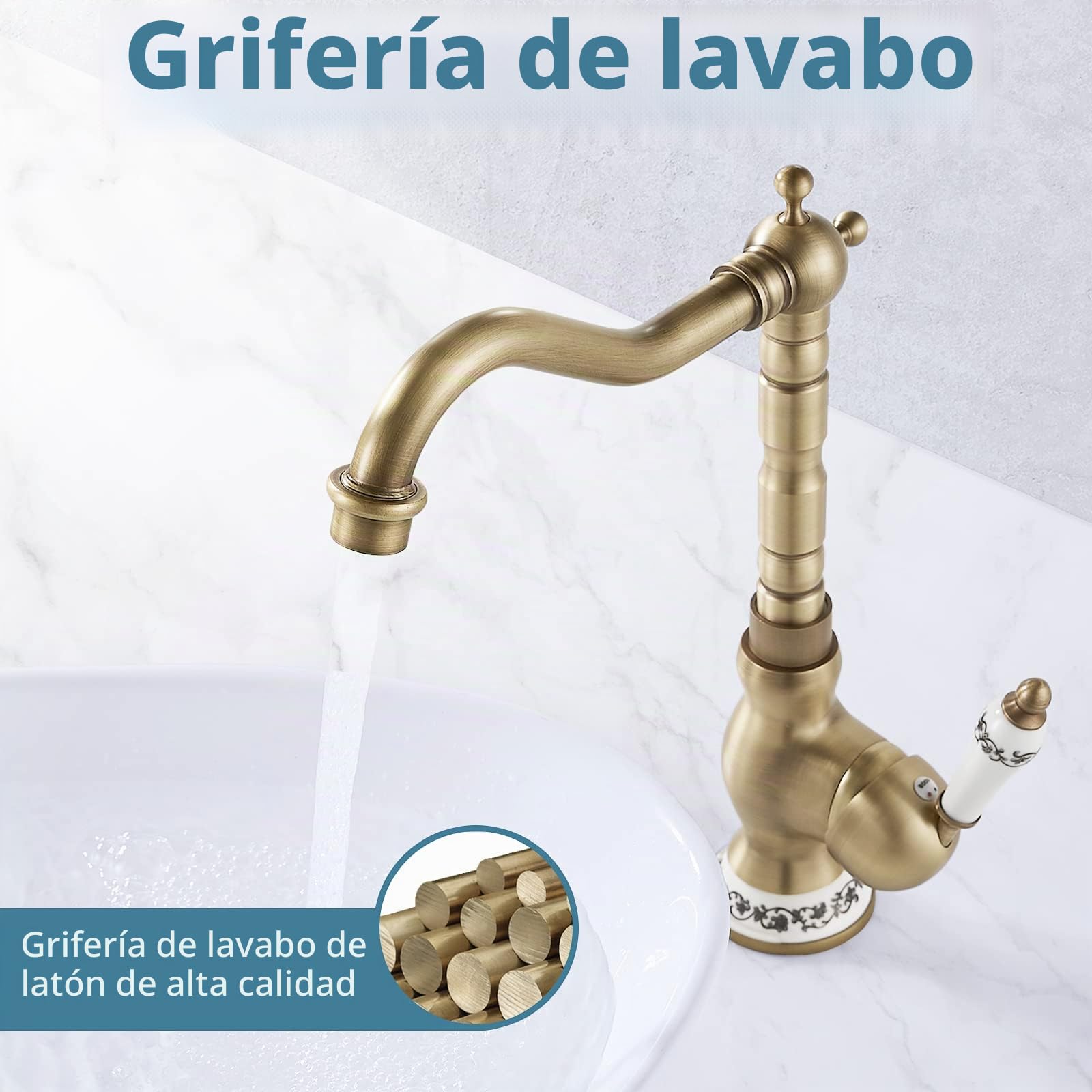 Grifo de Lavabo Alto, Grifo Lavabo Vintage Latón, Grifería de Baño para Lavabo, grifo lavabo Monomando de 360°Giratorio, Baño grifos lavabo, G3/8