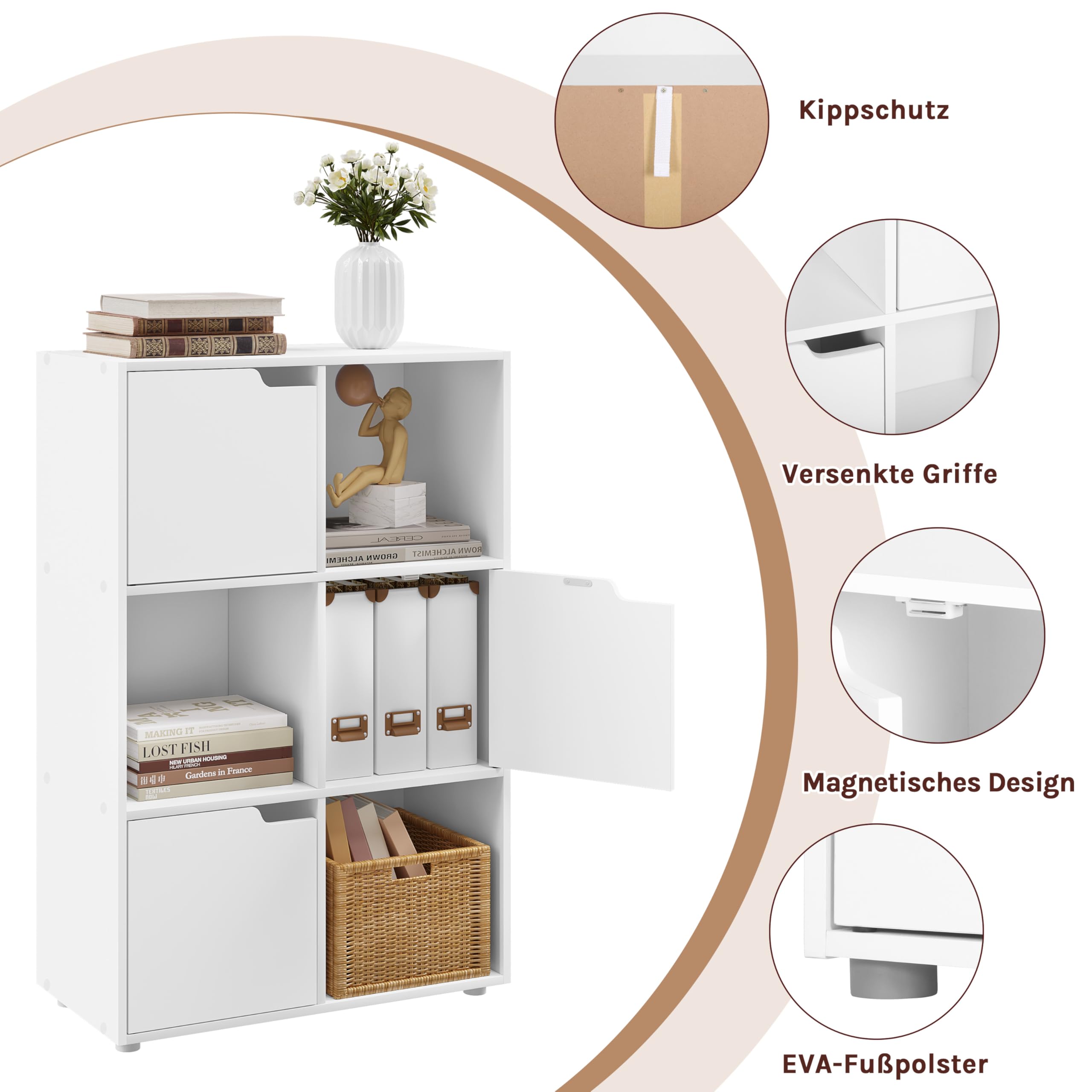 WOLTU Bücherregal mit 3 Türen und 6 Fächer, 59,6 x 91 x 29 cm (B x H x T)