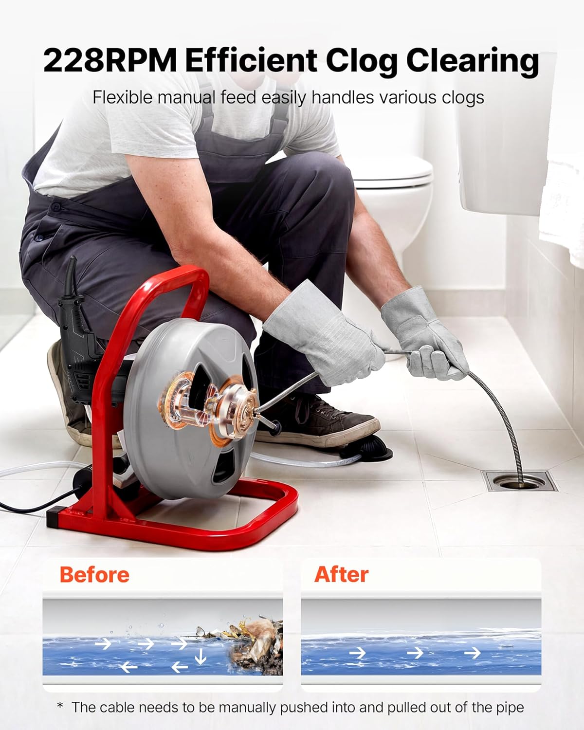 vevor drain cleaner machine 50 ft x 5/16 inch, sewer snake auger with 228rpm electric drill, manual feed drain cleaning machine with 6 cutters & air-activated foot switch for 2" to 4" pipes