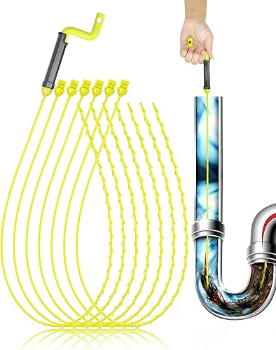 Removedor de obstrucciones de drenaje, limpiador de drenaje de 35 pulgadas, removedor de obstrucciones con mango giratorio y 7 repuestos, removedor