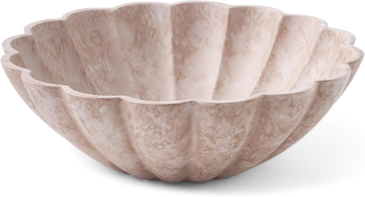Large Decorative Bowl, Modern Storage Bowls for Home Decor, Artificial Stone Beige Color, Stylish Decorative Fruit Bowl for Kitchen Counter, Key Bowl for Entry Table, Ruffle Decor