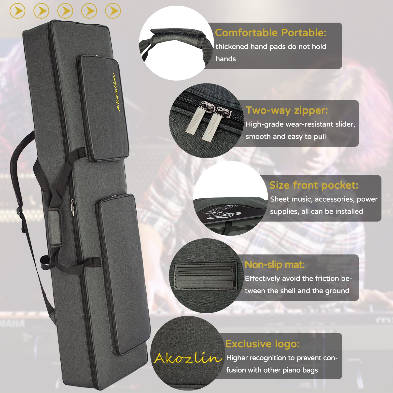 AKOZLIN Sac de transport universel étanche Oxford épais pour clavier portable et piano électrique - Rembourrage perle de 10 mm, 88 touches, Longueur : 137,9 cm