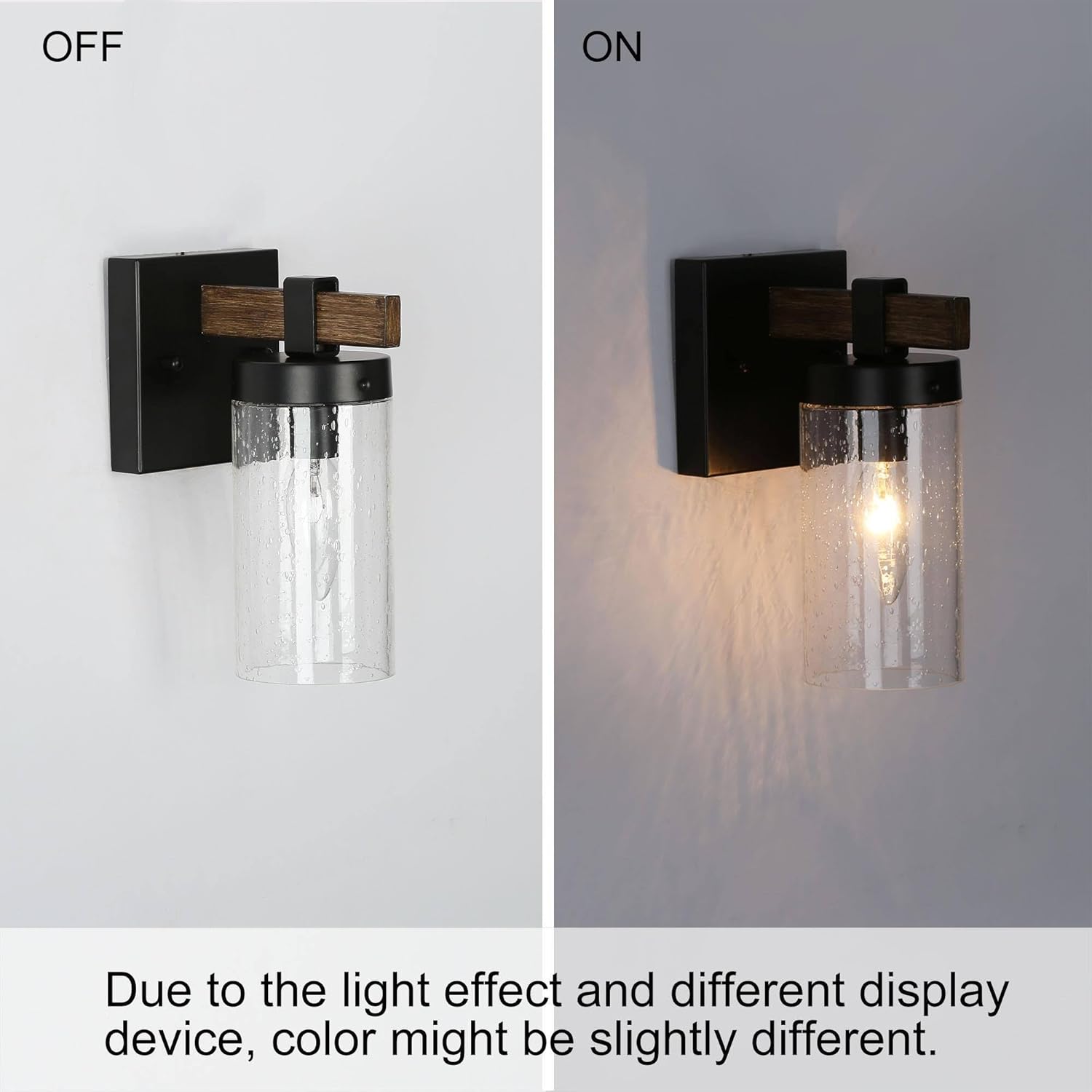 Sconces Wall Lighting, 1-Light Black and Faux Wood Wall Sconce Light, Modern Bedroom Bathroom Wall Sconces Indoor with Seeded Glass Shade