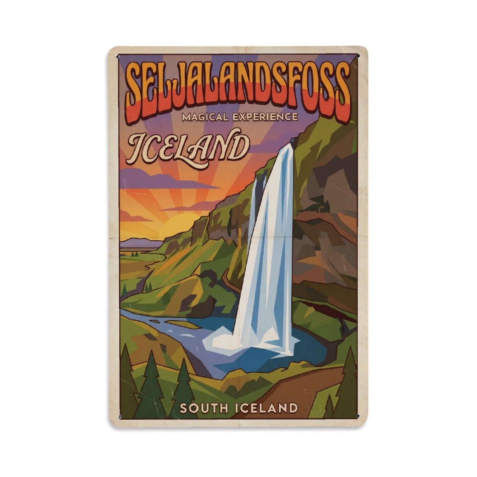 Vintage Travel Seljalandsfoss Iceland Behind Metal Tin Sign