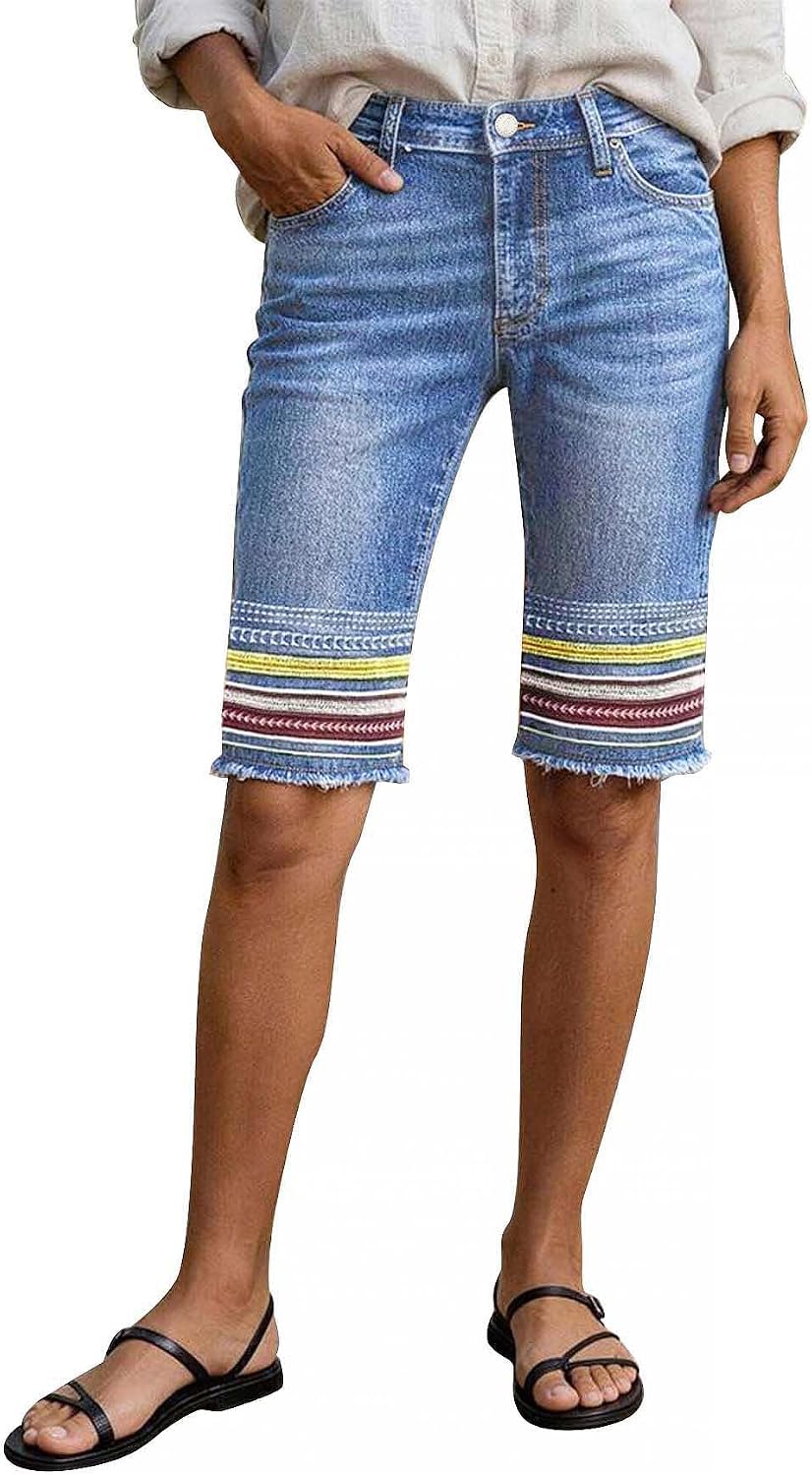 Flamingals Bermuda Shorts for Women Mid Rise Knee Length Embroidery Raw Hem Stretchy Jean Shorts Boho Casual Denim Shorts