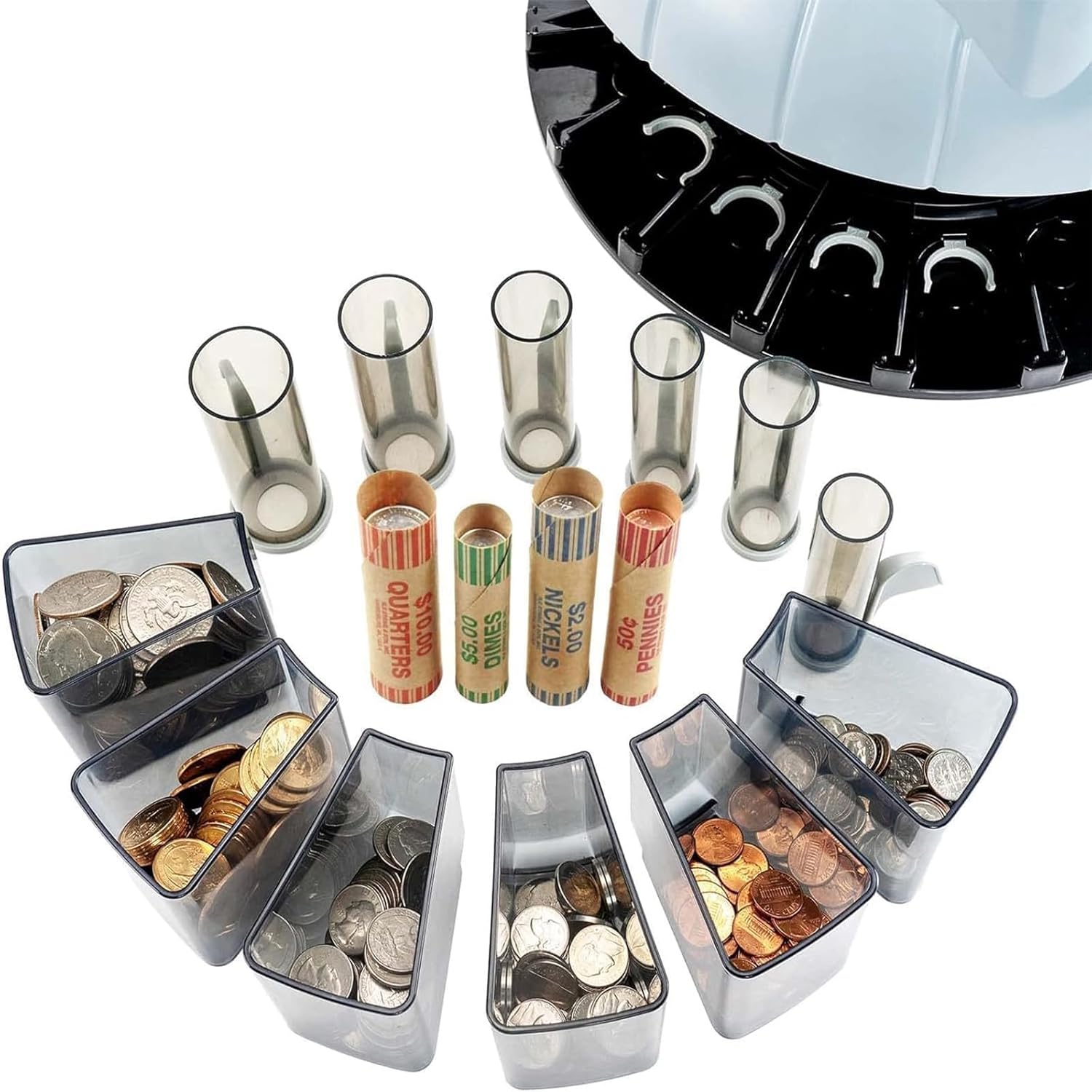 Coin wrappers and collection boxes for various denominations