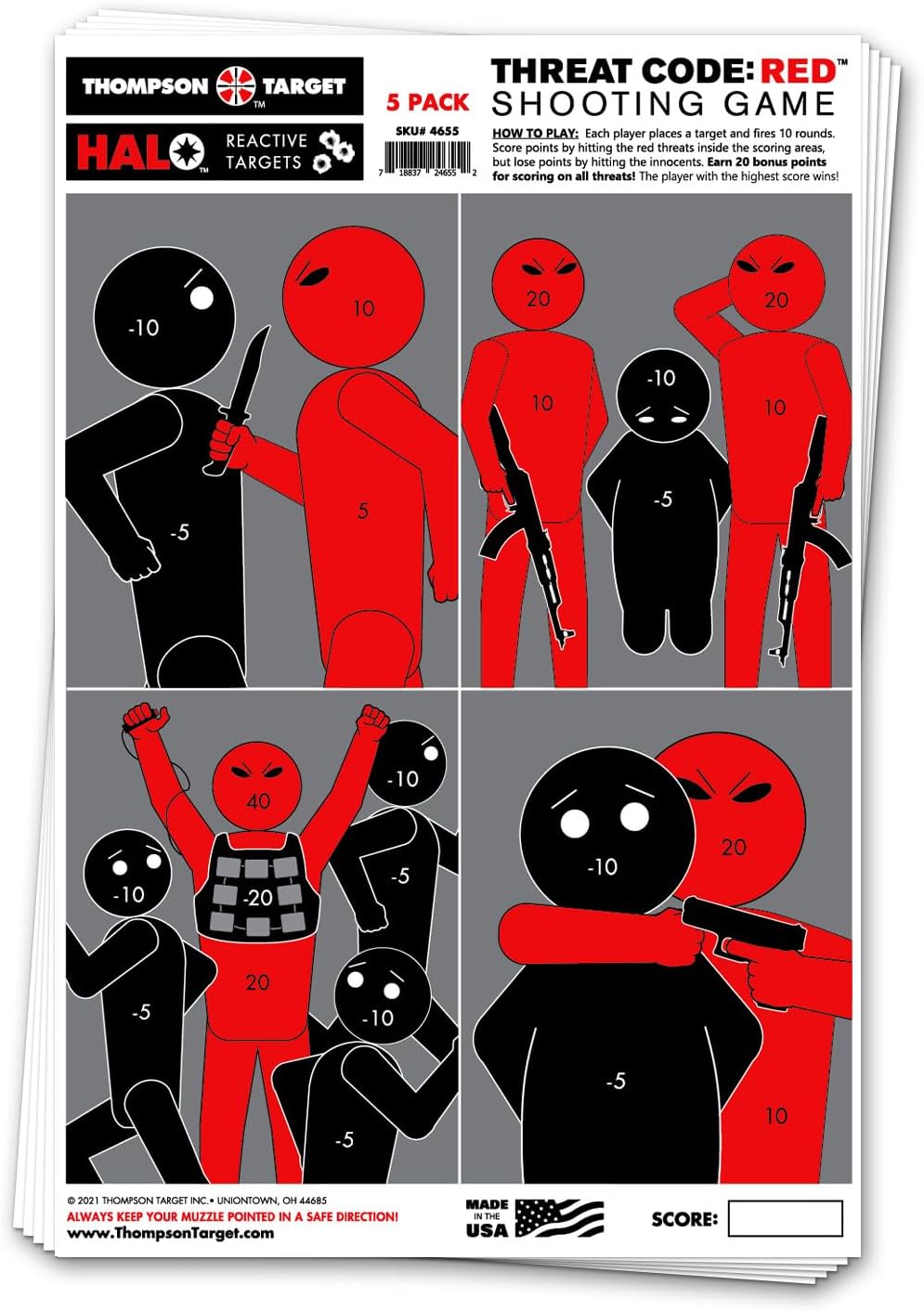 Thompson Target Halo Threat Code: RED Terrorist & Hostage Game - High Visibility Reactive Splatter 12.5x19 Inch Shooting Targets for Pistol and Rifle Range Training - Made in The USA