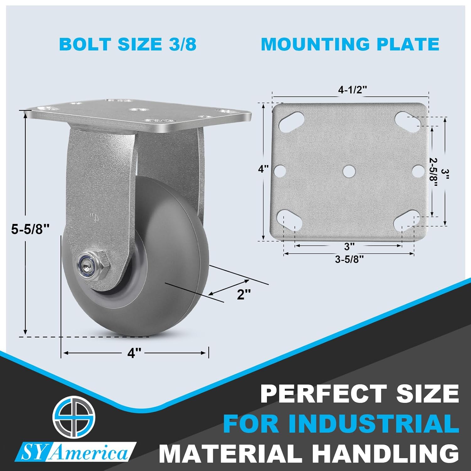 SY America 4" X 2" Heavy Duty Casters Wheels, Industrial Casters, Non-Marking | Thermoplastic Rubber Wheels, 1 Rigid,350 lbs Capacity