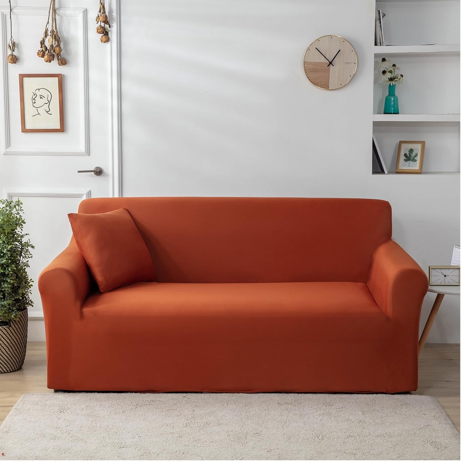 Qubjus Modern Couch Cover Stretch Loveseat Sofa Cover for 2 Cushion Couch Solid Color Non Slip Washable Furniture Protector Sofa Slipcover for Home Decoration(Medium, Orange)