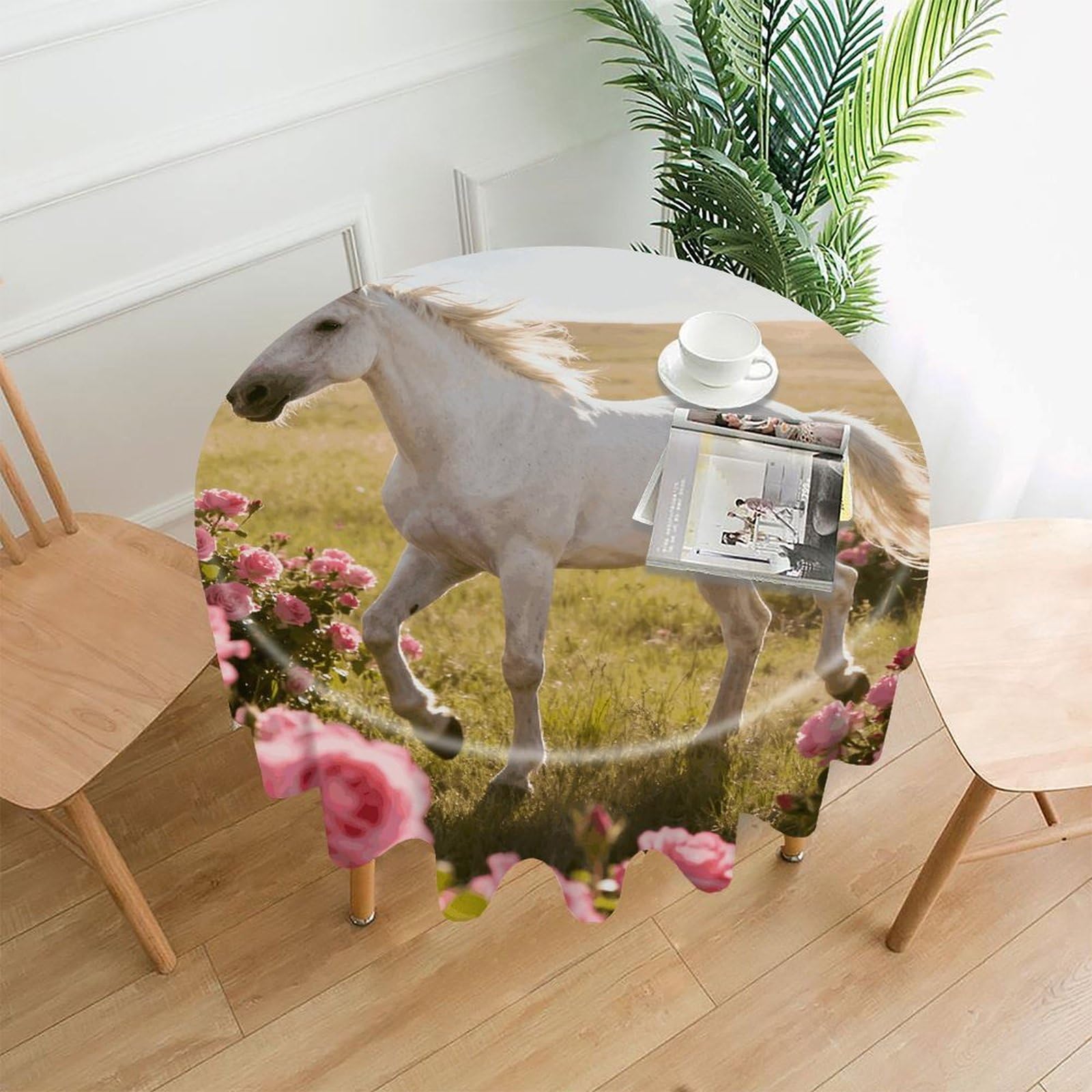 LDGSUPH Horse Floral Flower Round Tablecloth Cover Washable Luxurious Fabric Table Cover Decor Wrinkle Free Fashion Round Table Cloth for Home Dining Kitchen Party 60 in