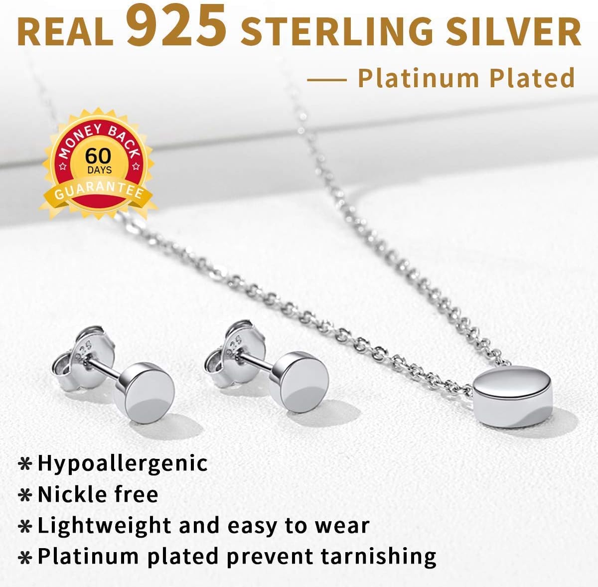ChicSilver Sterling Silver Tiny Dot Jewelry Set for Women, 16" Round Circle Pendant Necklace and Stud Earrings