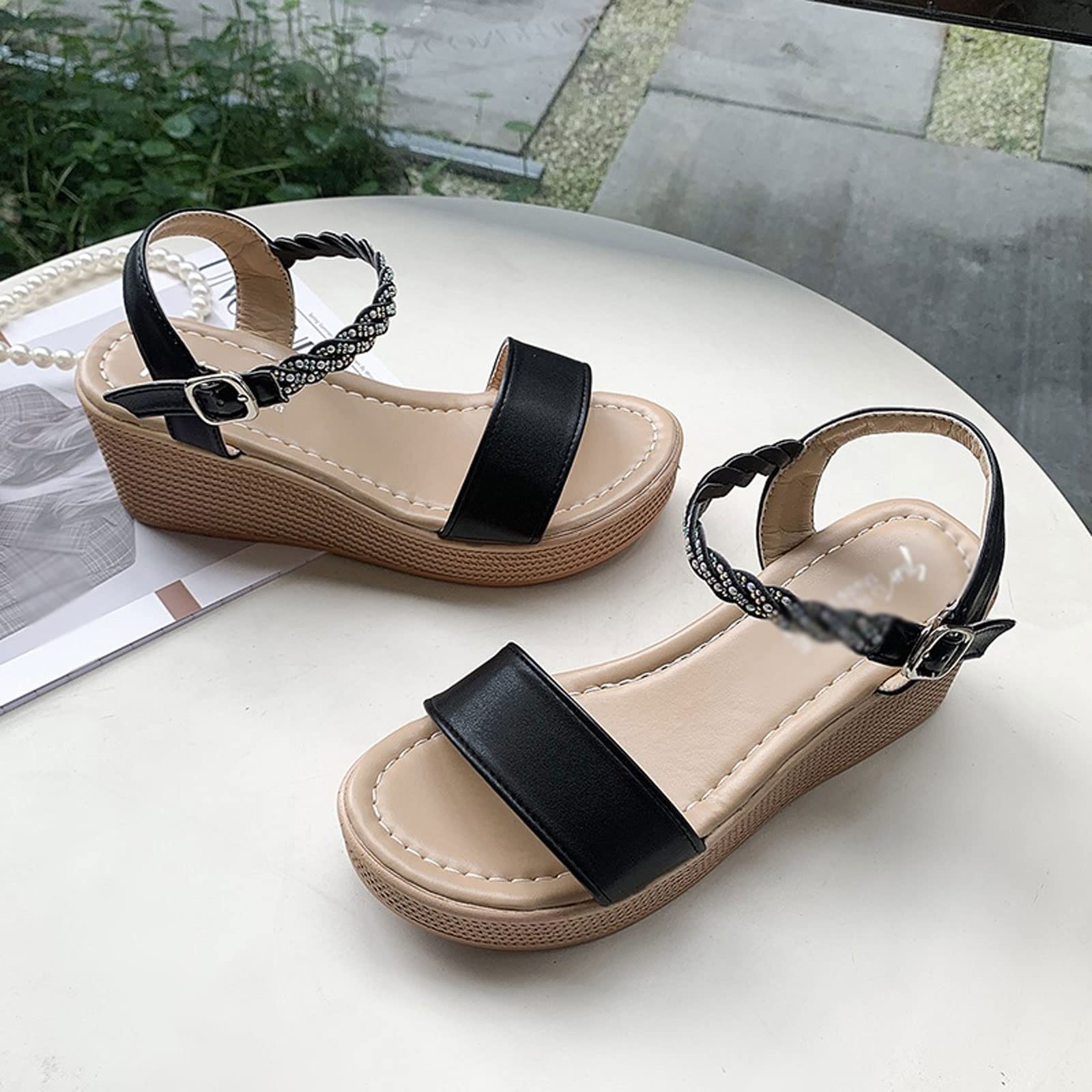 Sandały dla kobiet buty kobiety krystaliczna platforma muffinka Sandaly Sandaly Miękki skórzany pasek klamry swobodny buty otwarte kliny óp Sandały 4.5 UK