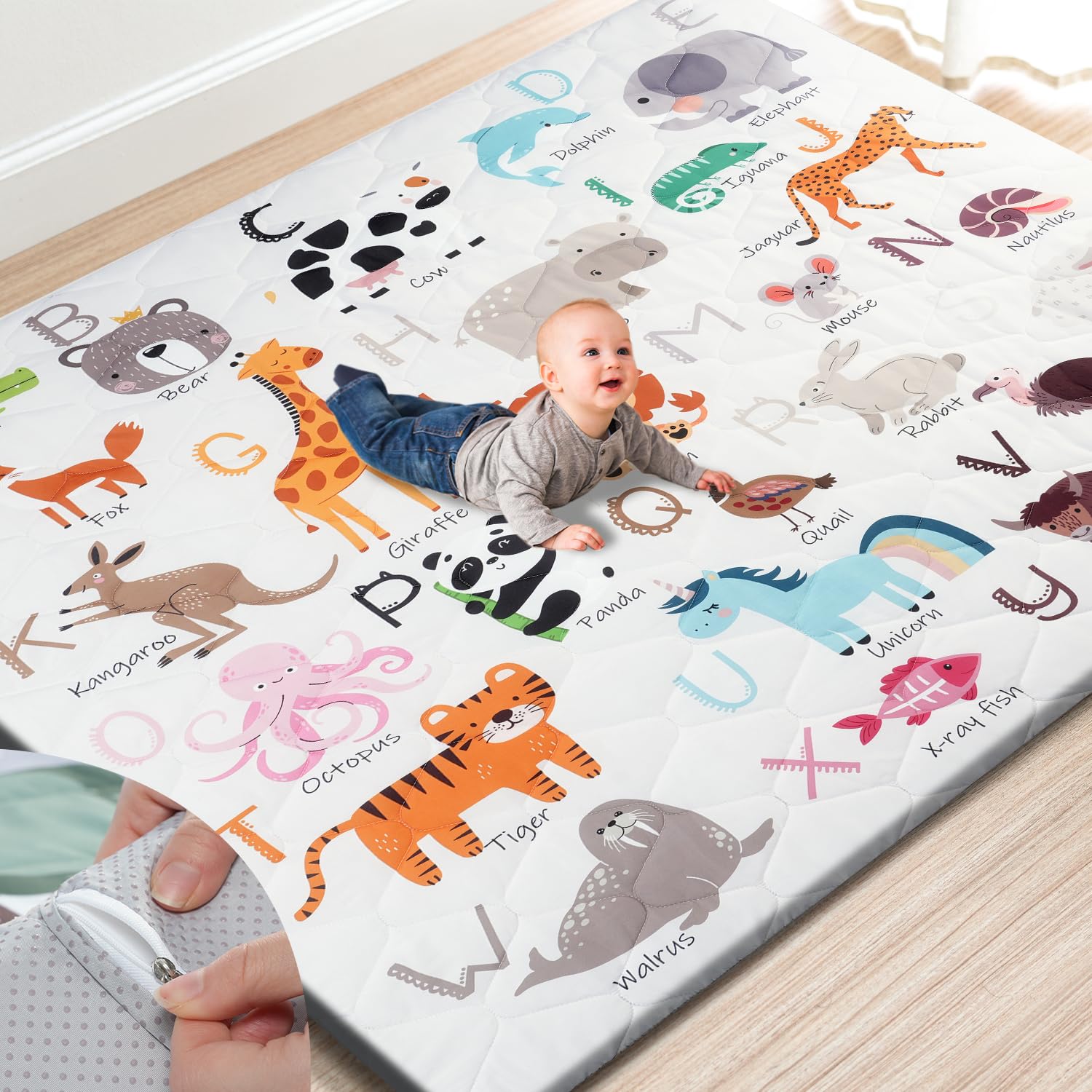 Premium Foam Baby Play Mat 71" x 59" – Removable & Machine Washable Cover, Extra Thick Padding Playpen Mat, Non-Slip Crawling Mat, Easy to Clean for Infants, Toddlers & Babies Alphabet Zoo 71" x 59"