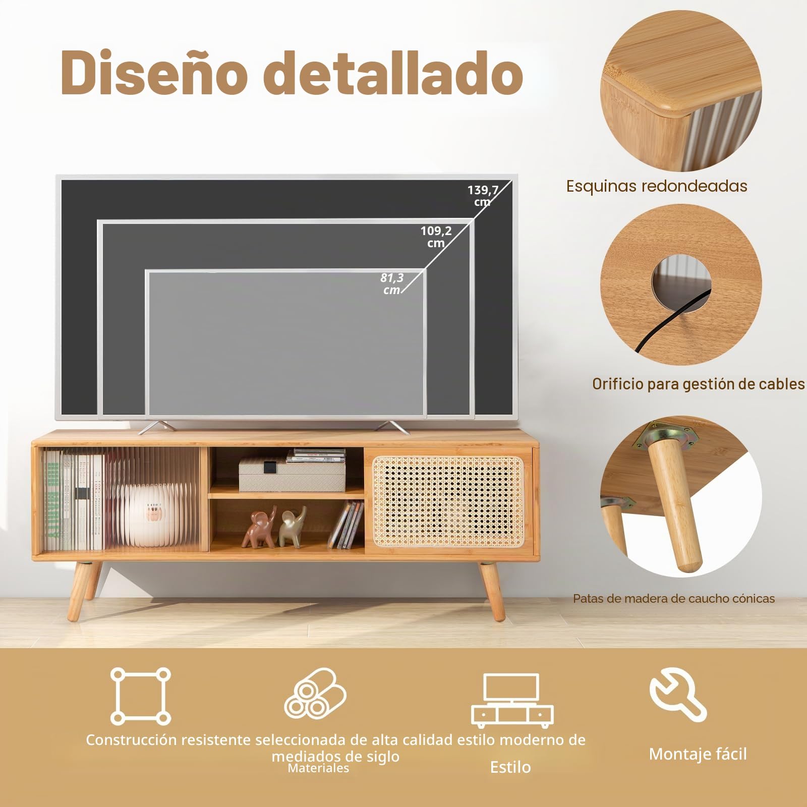 KOMFOTTEU Mueble de TV de Bambú, Soporte para TV con Puertas Deslizantes de Ratán y de Cristal, Centro de Entretenimiento con Estante Ajustable, para TV de hasta 55", 120,5 x 31 x 45,5 cm