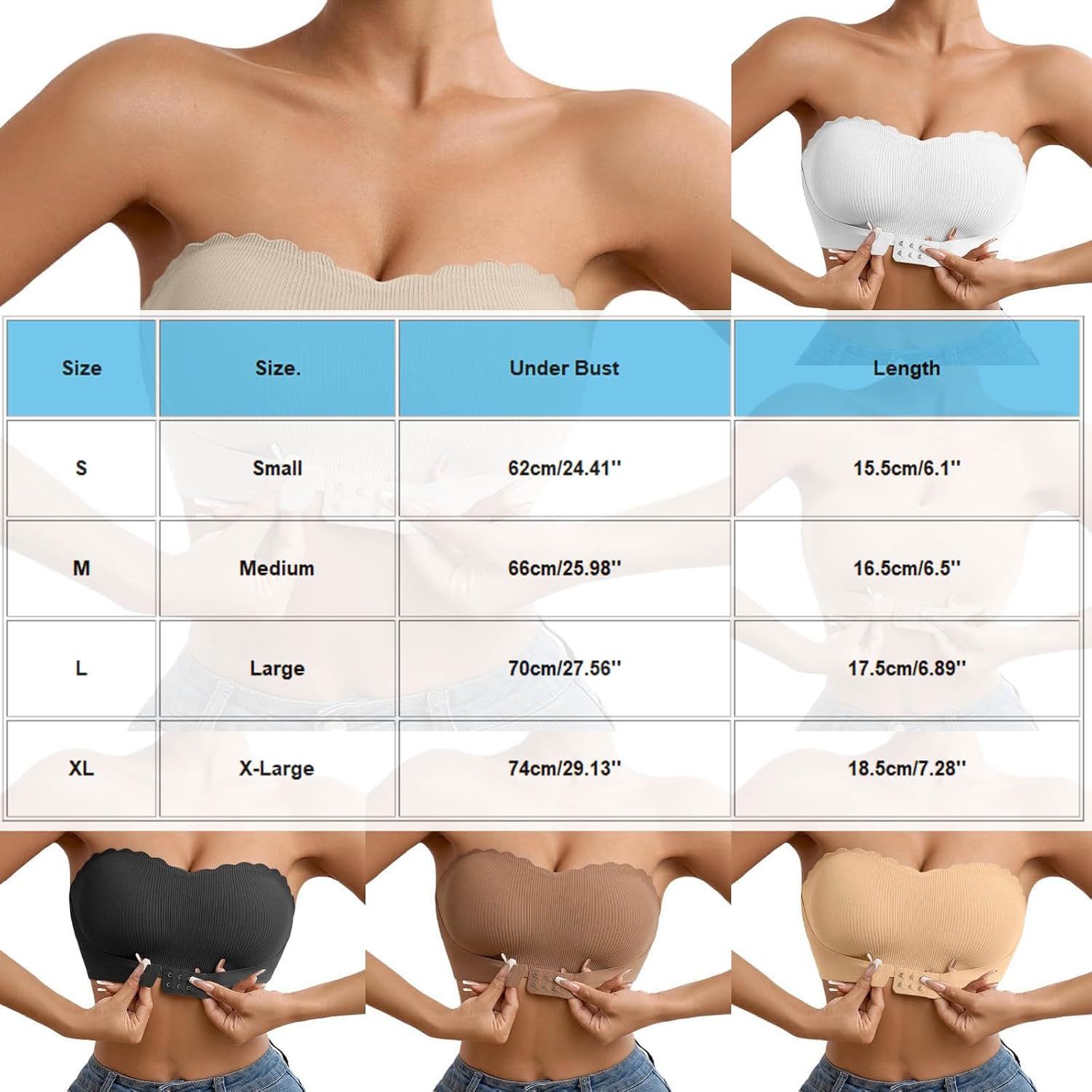 Womens Strapless Front Closure Bra One Piece Comfort Wireless Bottom Hem Bras Ribbed Knit Adjustable Strap Bralettes