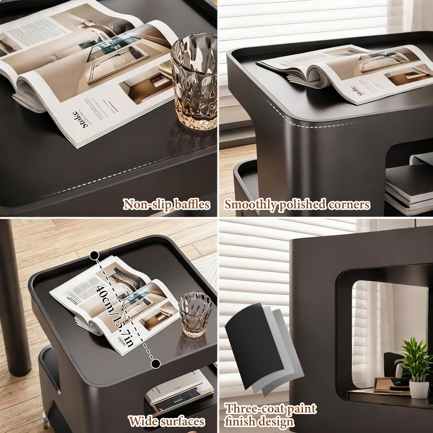 Modern Side Table, Metal Black Nightstand with 3-Tier Storage, No Assembly Required End Table for Couch, Living Room, Bedroom, Stylish Bedside Piece for Home Decor & Organizing