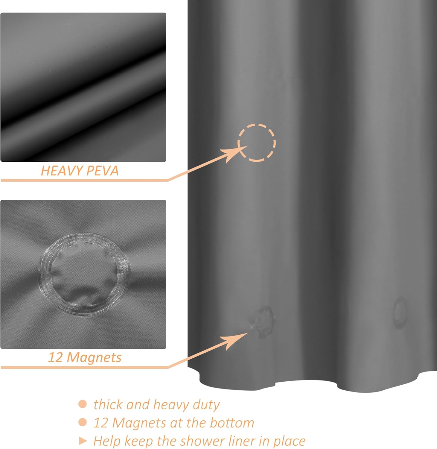 Mrs Awesome Grey Clawfoot Tub Shower Curtain or Liner with 12 Magnets - Free 36 Hooks Included, Waterproof PEVA, 180" x 70", Dark Gray