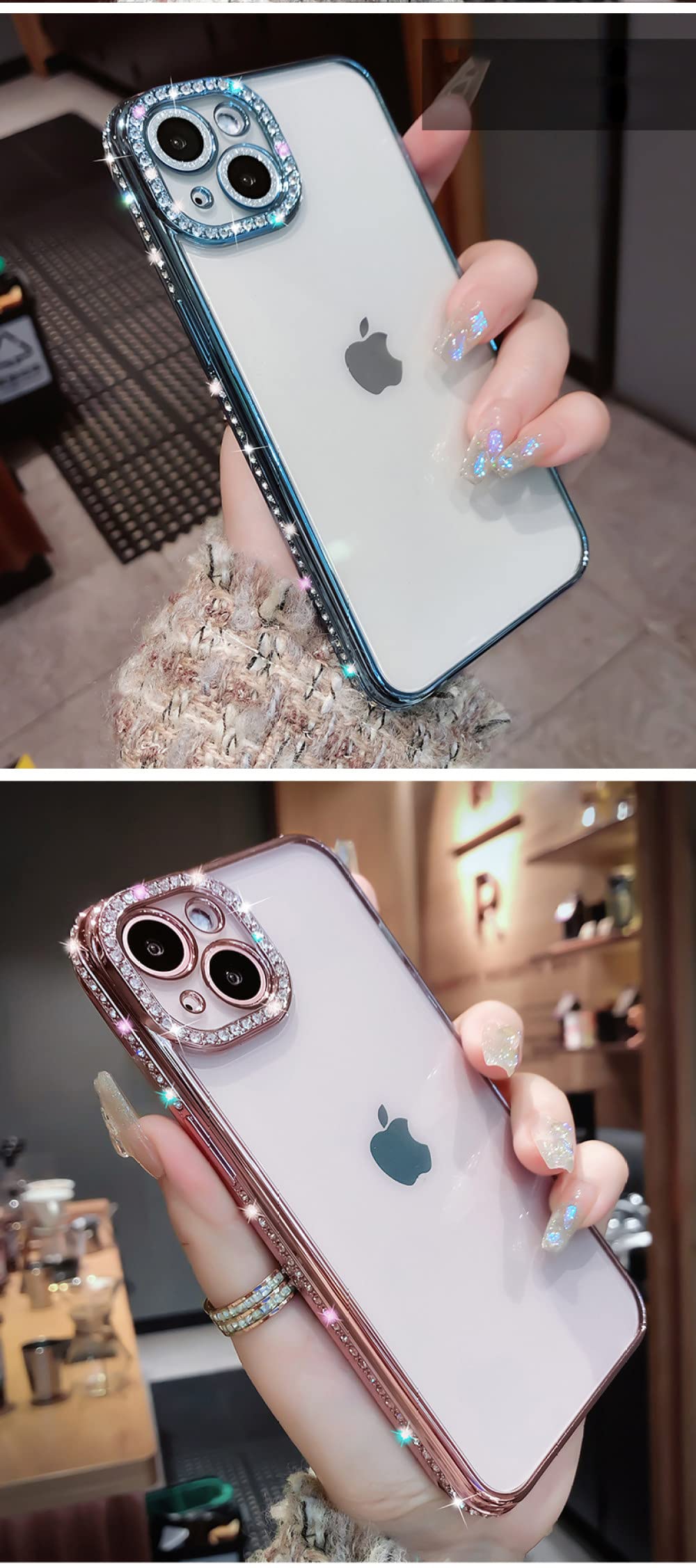 OWM Custodia per iPhone 14 con retro trasparente glitterato e stella