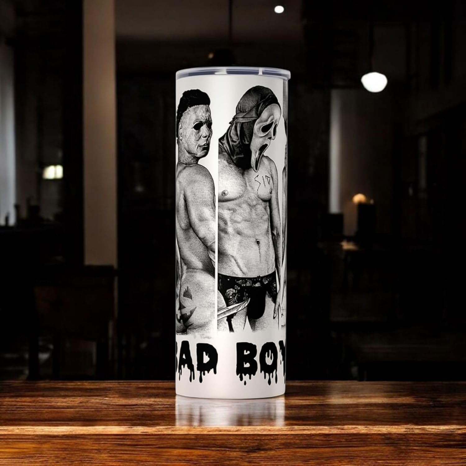 I Like Bad Boys Horror Tumbler – 20oz Stainless Steel Tumbler with Lid & Straw – Sexy Slasher Villains Design – Flirty Halloween Vibes Gifts for Horror Fans & Goth Girls