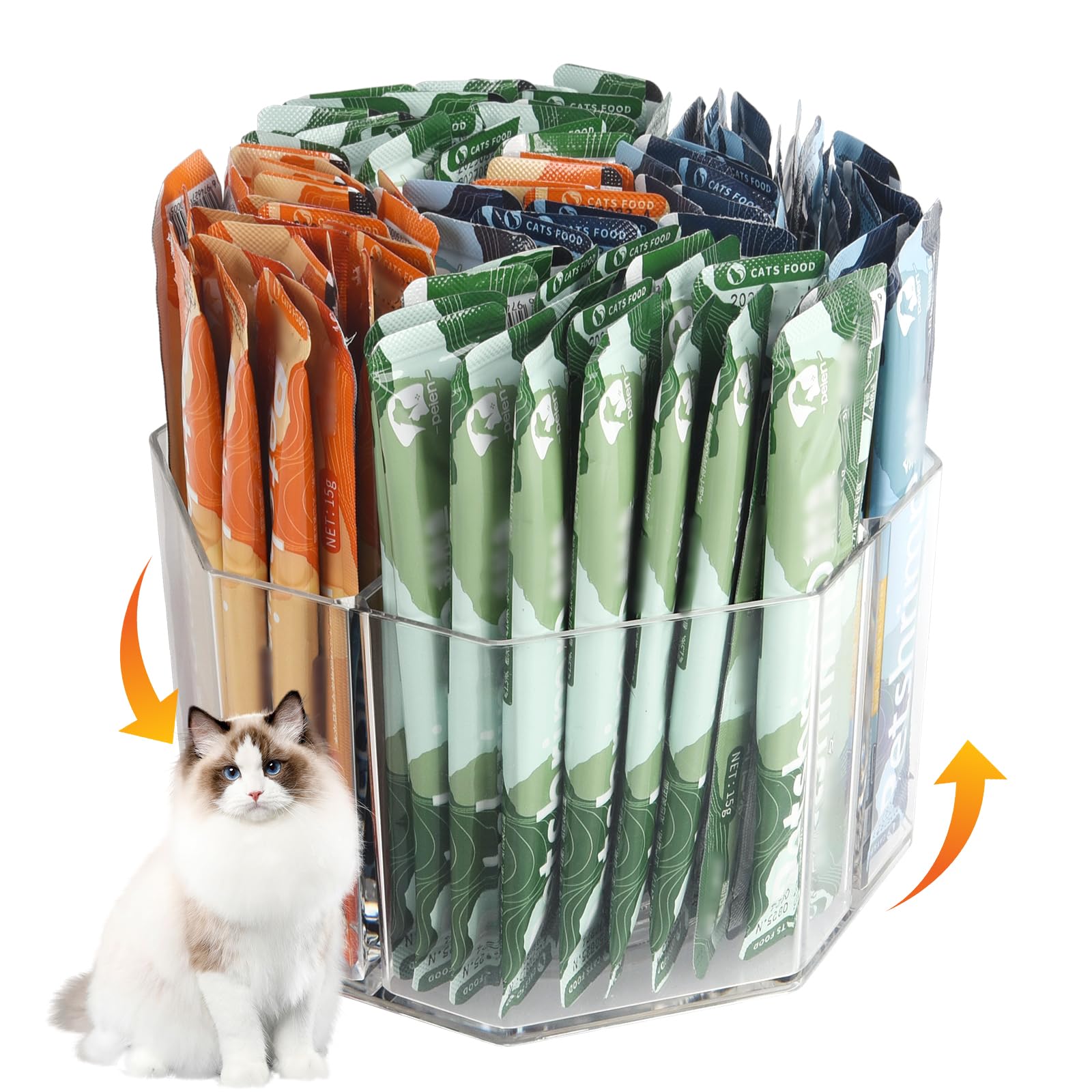Lickable Cat Treats Organizer, Lazy susan Acrylic Squeeze Up Cat Food Storage Container, Essential storage for pet treats, Wet Cat Treats Storage for Kitchen Cabinet Pantry Shelf Countertop(Rhombus)