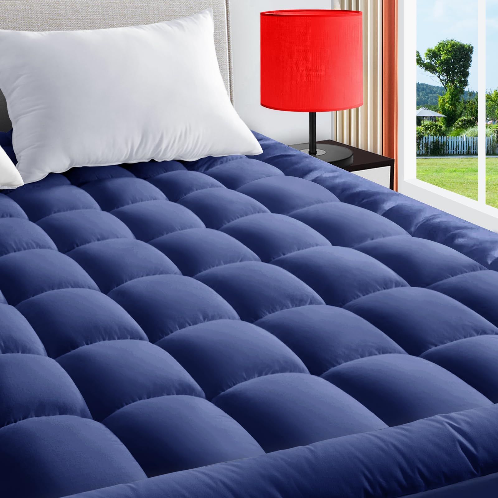 King Mattress Pad Quilted Fitted Mattress Cover Pillow Top Mattress Topper Breathable Mattress Protector with 8-21 Inch Deep Pocket,Navy Blue