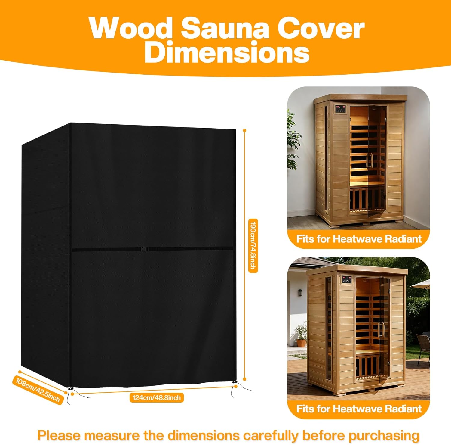 Sauna Cover Outdoor Waterproof, Heavy Duty for 2-3 Person Wood Sauna, 420D Oxford Fabric with UV & Dust Protection, Easy Access Design, Fits 48.8"L x 42.5"W x 74.8"H (Black)
