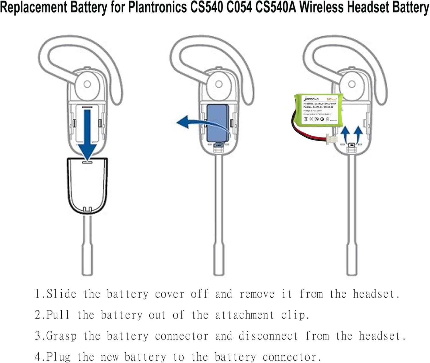DDONG 6 Pack CS540 Battery 86180-01 84479-01 160mAh for Plantronics C054 CS540A Headset Replacement Battery