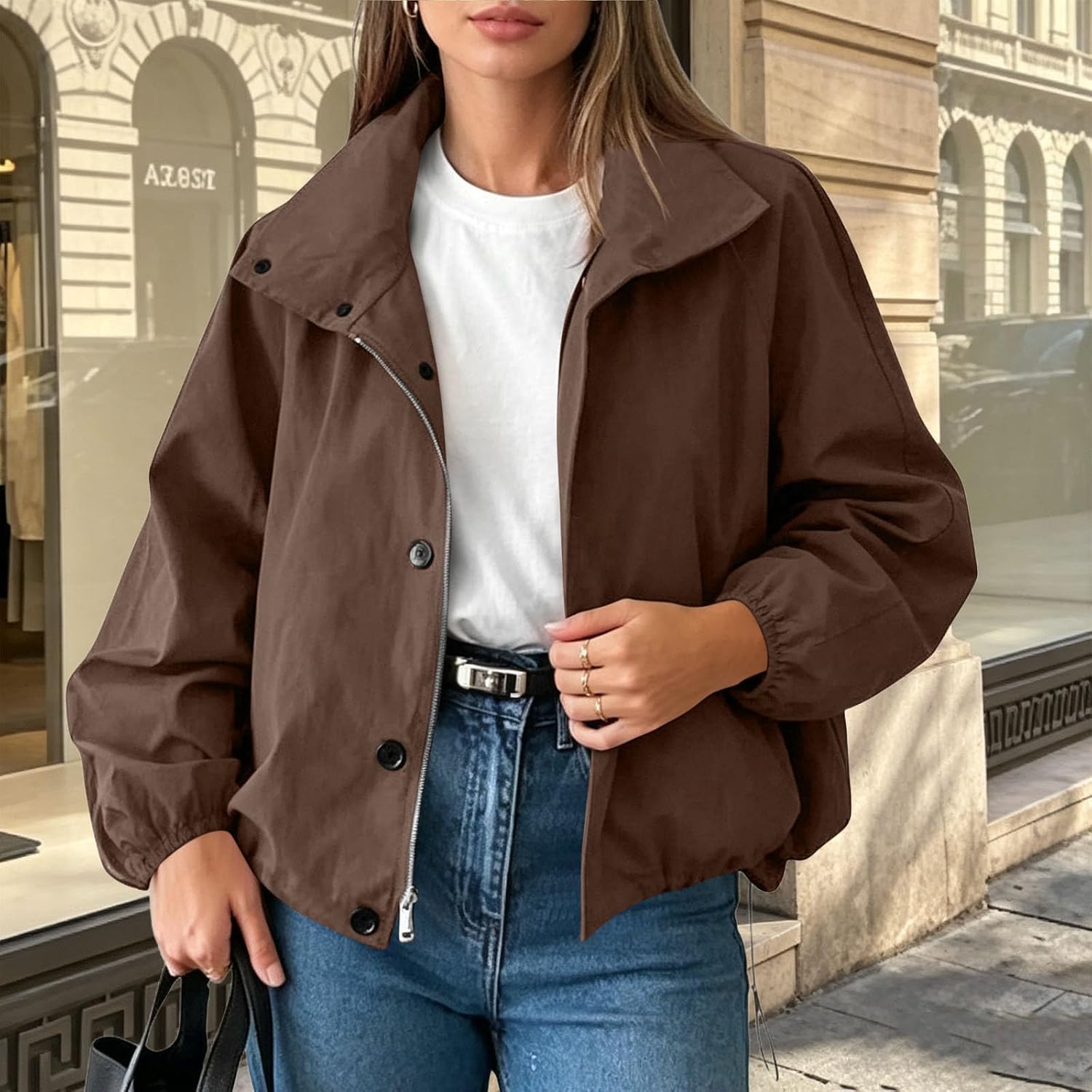 Women's Stand Collar Cropped Jacket Button Front Casual Short Coat